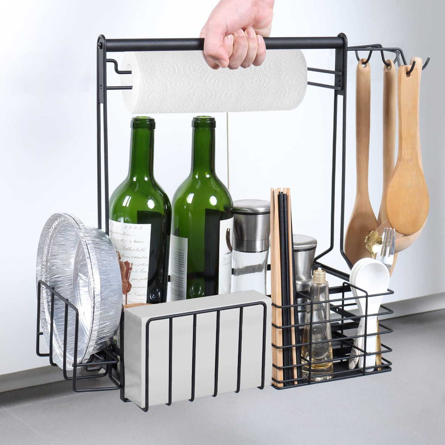 BBQ and Grill Caddy with Paper Towel Holder, Iron Steel Handle & 4 Hooks ? Camper Accessories Condiment Caddy ? Plates, Cutlery and BBQ Organizer for
