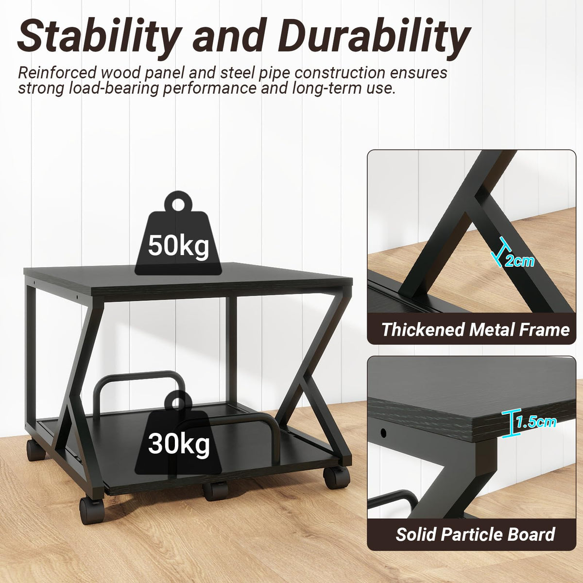 PUNCIA 50x50cm 2-Tier Printer Stand with Pull Out Shelf Black