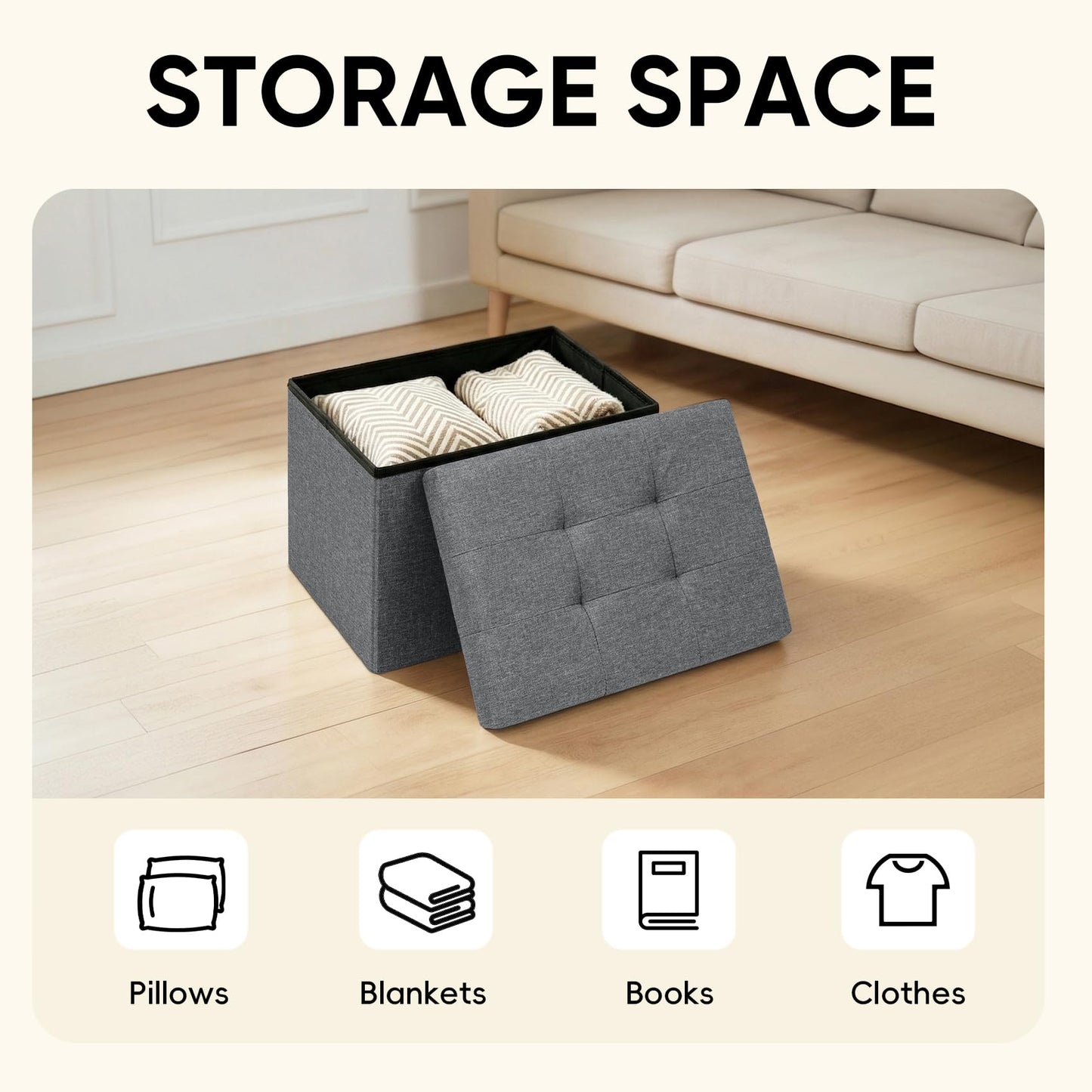 PINPLUS Linen Ottoman Storage Box with Lid, 42x32x32 cm, Grey