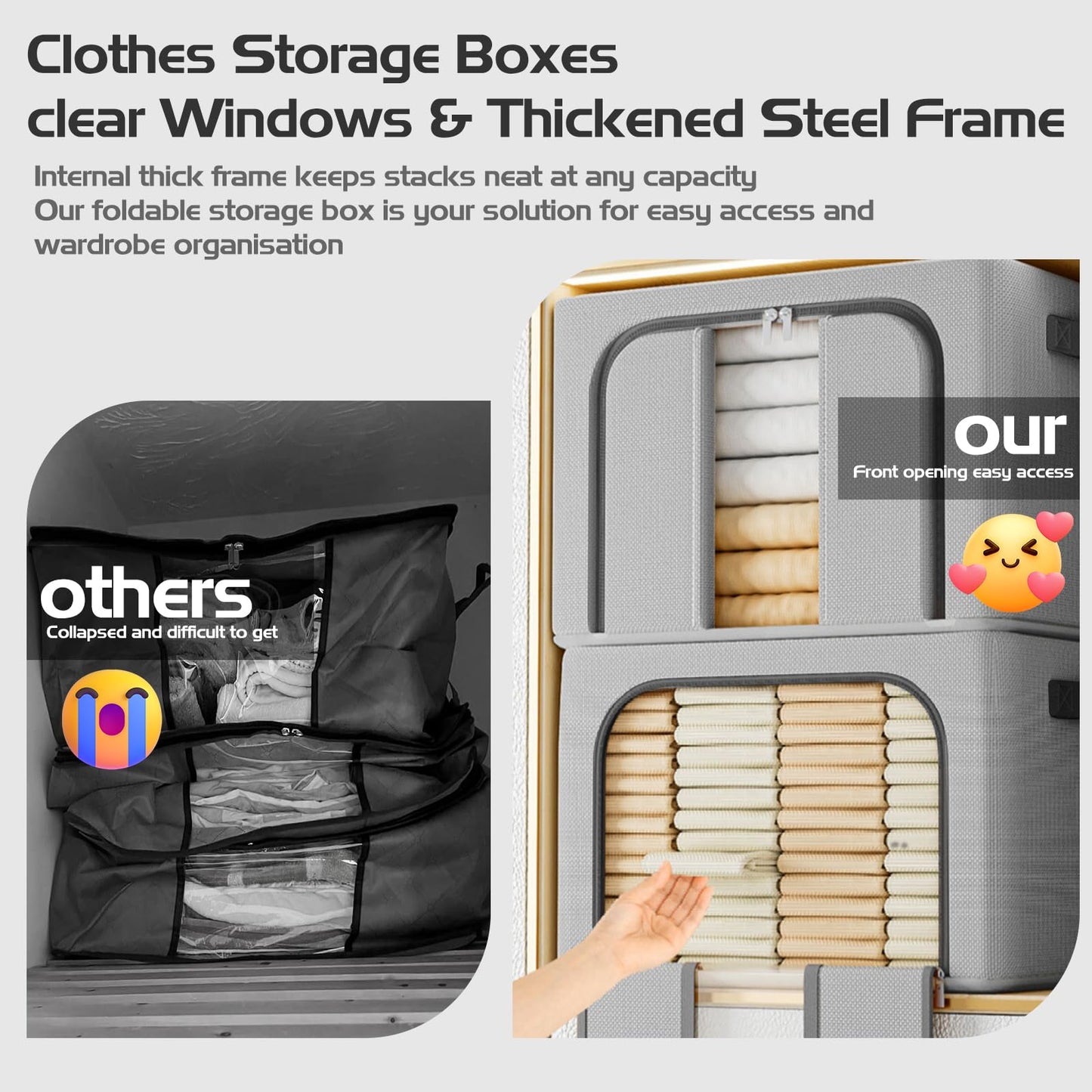 BOUDOI Storage Boxes Organiser,3 Pack Clothes Storage Boxes With Double Opening Zip Clear Window＆Steel Frame,Foldable＆Waterproof Wardrobe Fabric
