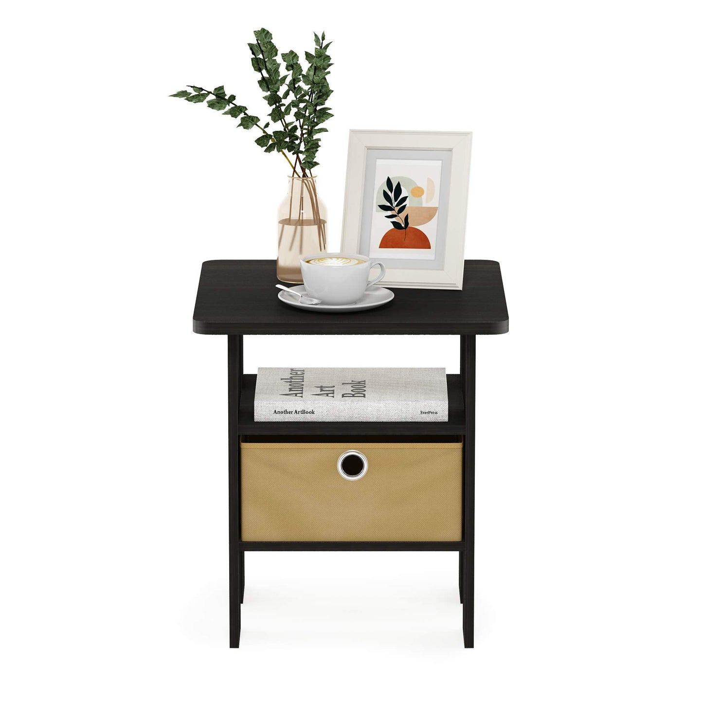 Furinno ANDREY Side Table, End Table, Night Stand with Open Shelves and Storage Bin, Bedside Table, for Living Room, Bedroom, Dark Espresso