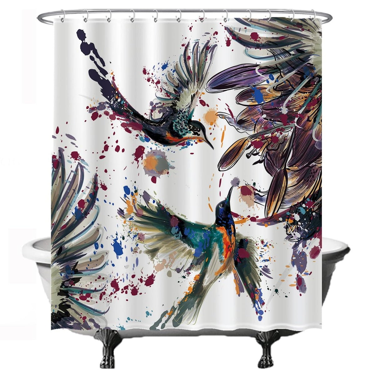 Ulticool Shower Curtain - Birds Feather Art Animals - 180 x 200 cm - Washable - Anti Mould - with 12 Rings - White Blue Purple