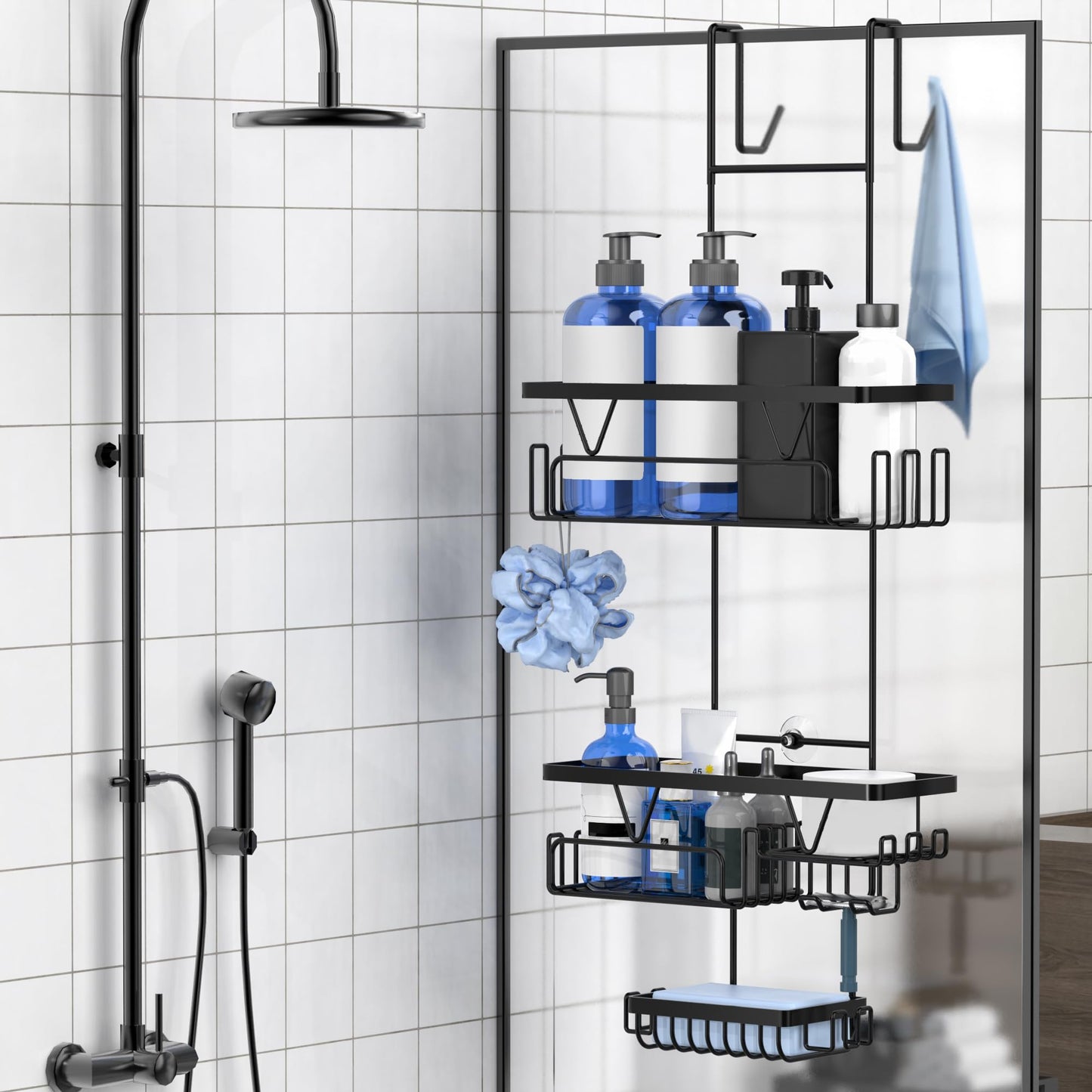 Kegii Hanging Shower Caddy - Over Door Rack, Bathroom Storage Organiser With Soap Holder, No Drill Shelf, Black Accessories