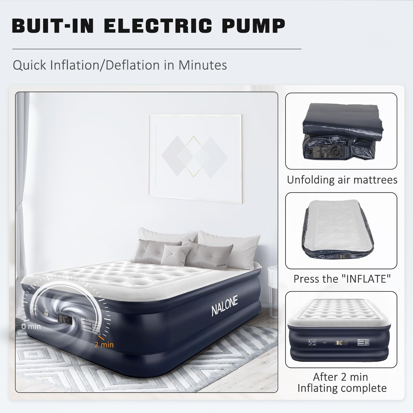 NALONE King Air bed, Inflatable mattress with Built in Pump, 193x137x46cm Double Blow Up Mattress in 3 Mins Self-Inflation/Deflation, Portable air