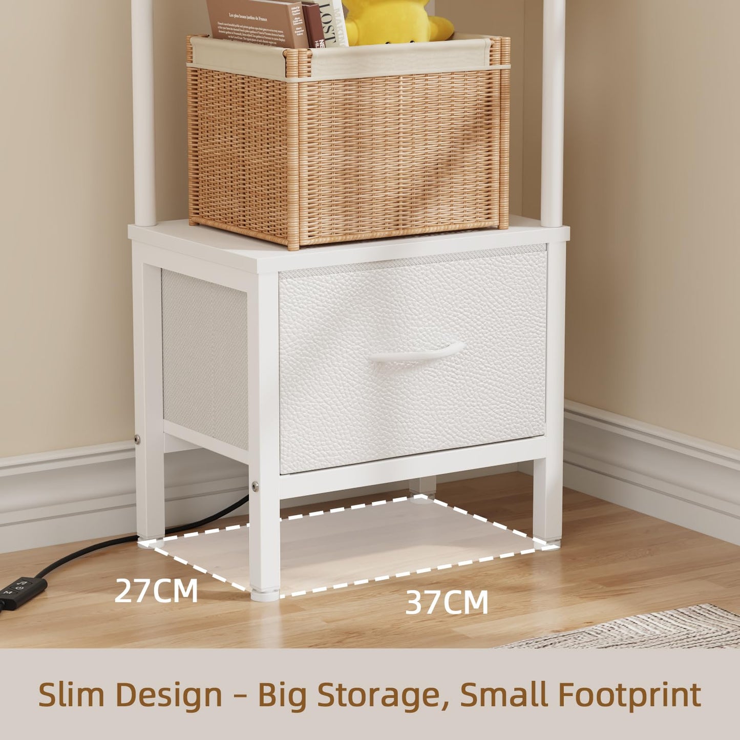 OYRREU 6-Tier Corner Shelf with LED Light & Fabric Drawer, White