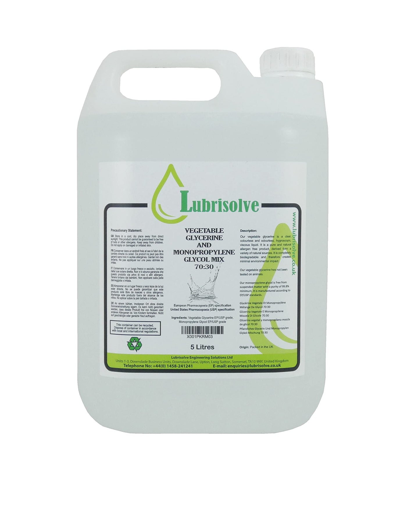 70:30 VG:PG Vegetable Glycerine: Monopropylene Glycol Mix EP/USP GRADE, Non-GMO, Colourless & Odourless 5 litres
