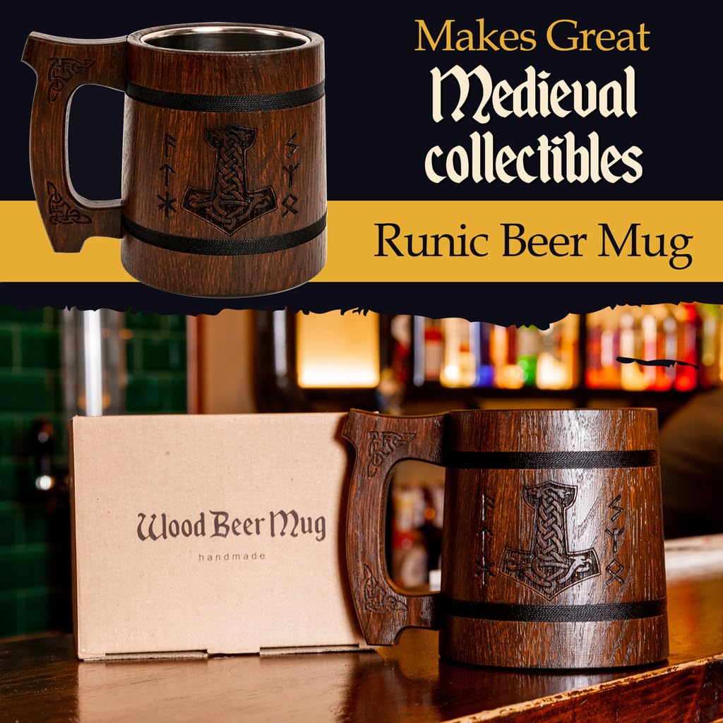 Teslyar Viking Beer Mug Tankard for Men - 0.6 liters 20 Ounces Handmade Oak Wood Stainless Steel Cup Authentic Design Xmas Gift | Birthday Gift|Gifts
