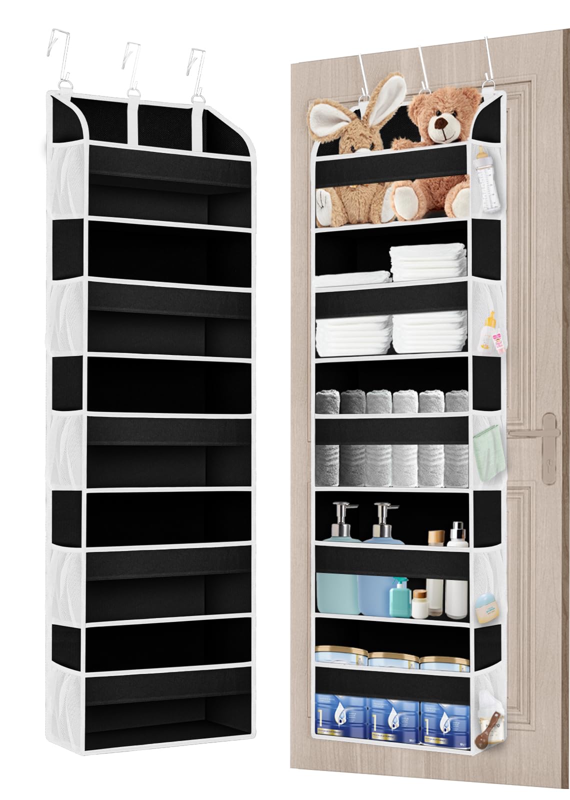 TAHAVICE Over The Door Storage Organizer with 5-Shelf, Door Organizer Hanging 3 Metal Hooks,10 Mesh Pockets(Black)
