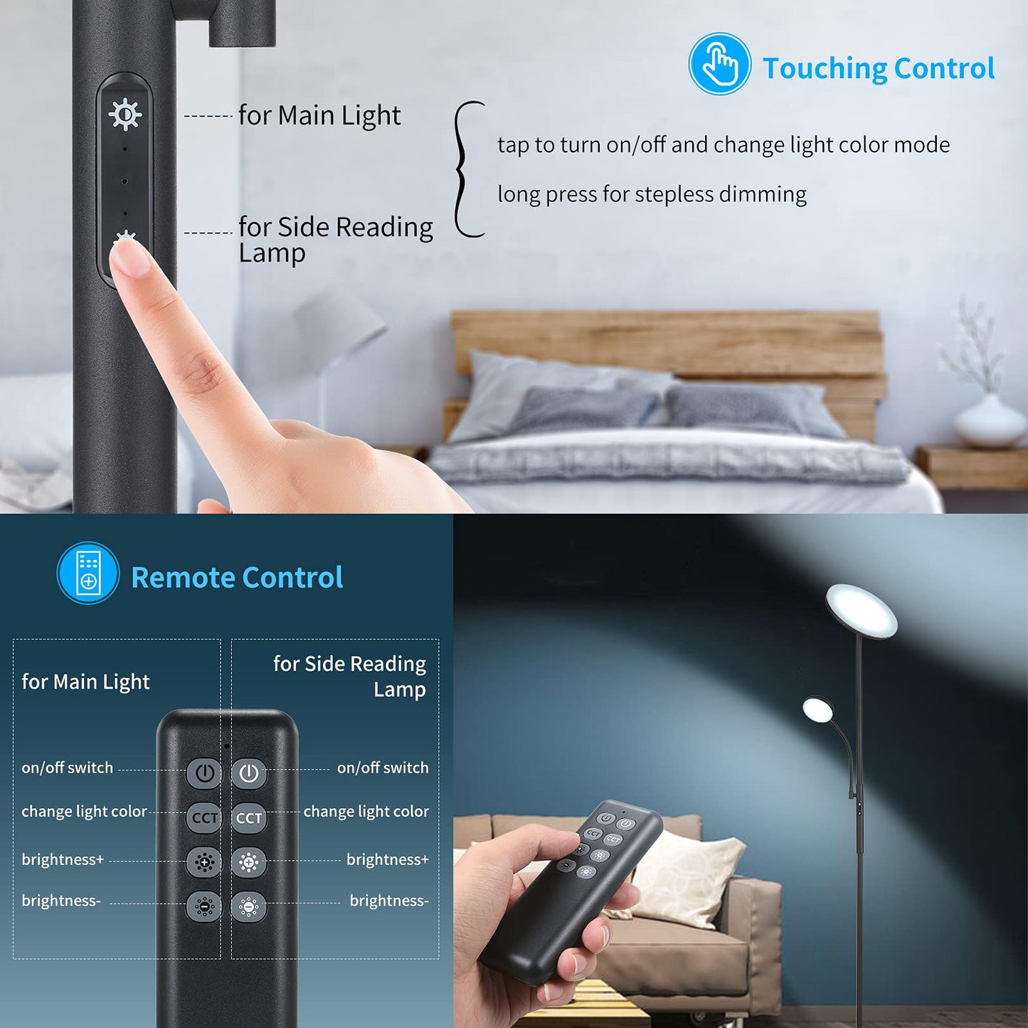 Tomshine Led Uplighter Floor Lamps Dimmable Rotatable 2 Lights for Living Room with Remote 4 Color Temperatures Standing Lamp 27W Main 7W Side Reading