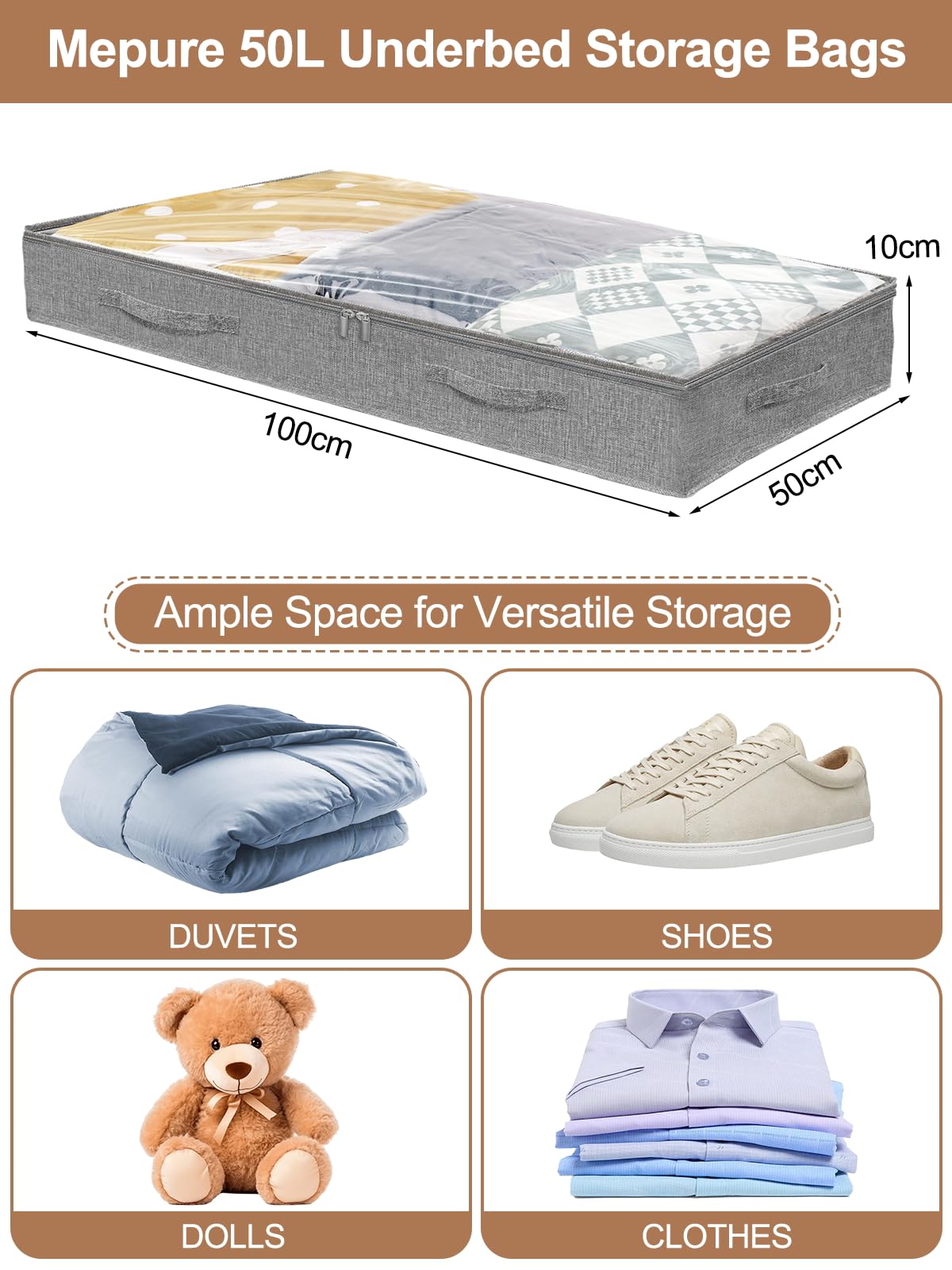 mepure Under Bed Storage, 10cm High Low Profile, 100×50×10cm, 2-Pack, grey