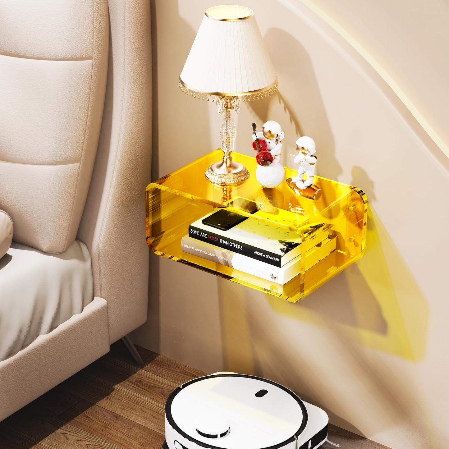 Dewrhiixe Acrylic Floating Bedside Table, Wall Mounted Nightstand Bedside Shelf (Yellow, 41×24×17 cm)