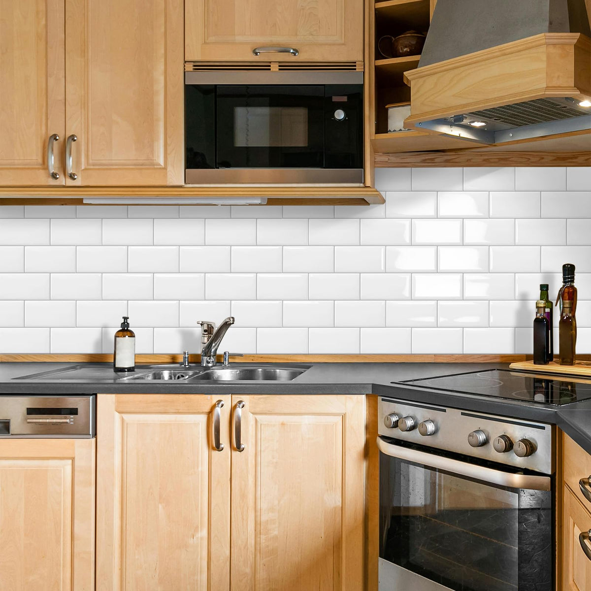 DEWOO Peel and Stick on Wall Tiles Subway Self-Adhesive Panels Backsplash for Kitchen and Bathroom,White Plastic Thick32 x 27cm,10-Sheet