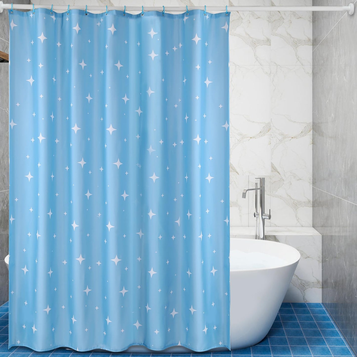 Lkw Ogechi Shower Curtain Blue with Weighted Hem 240x200 cm Star, Polyester Machine Washable Weighted Shower Curtain, Waterproof Anti-mould Wetroom
