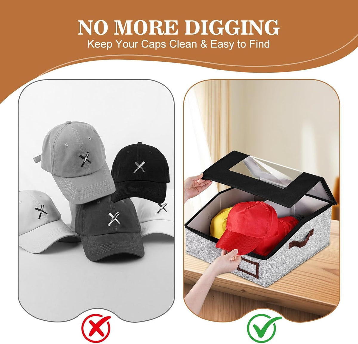 Nordelle Stackable Baseball Hat Storage Box with Clear Window Lid, Black