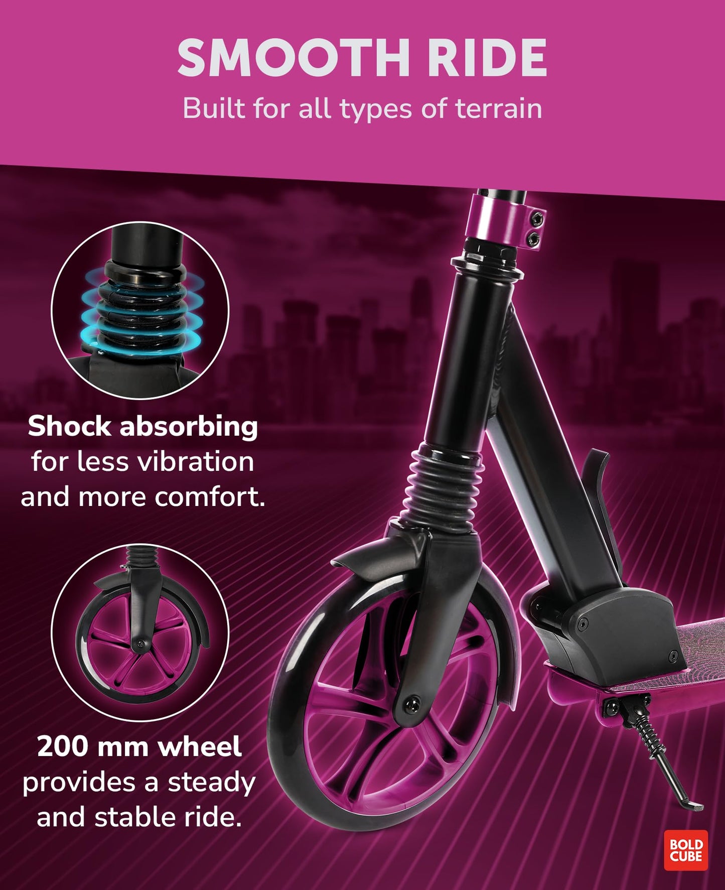 BOLDCUBE Big 2 Wheeler Magenta | Scooter for Kids & Teens Ages 7+ Years | Play & Commute | Front Suspension Fit with 200MM Wheels | Height Adjustable