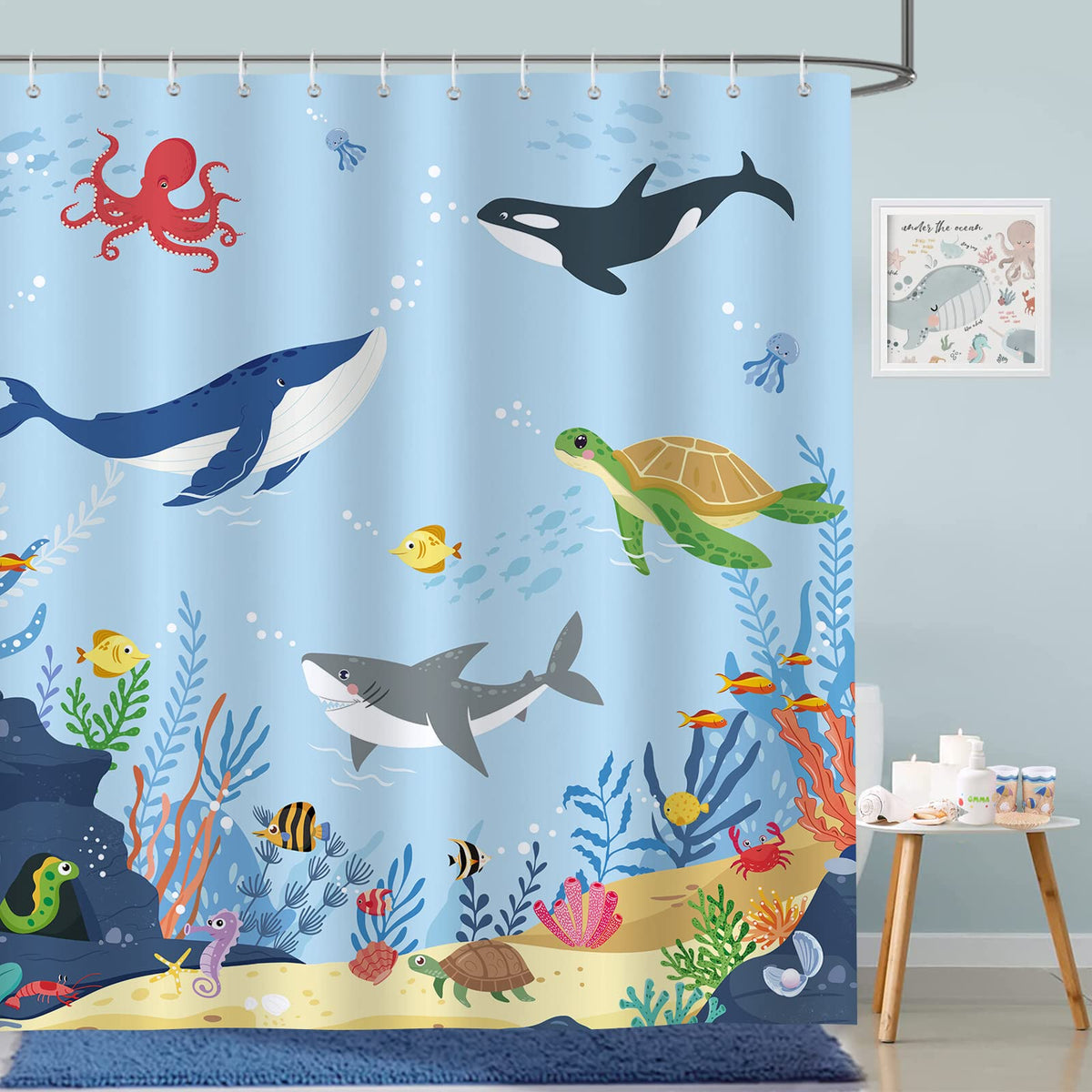 Bonhause Ocean Shower Curtain for Kids Under The Sea Dolphin Fish Blue Bathroom Curtain 180 x 180 cm Waterproof Mildew & Mould Resistant Polyester