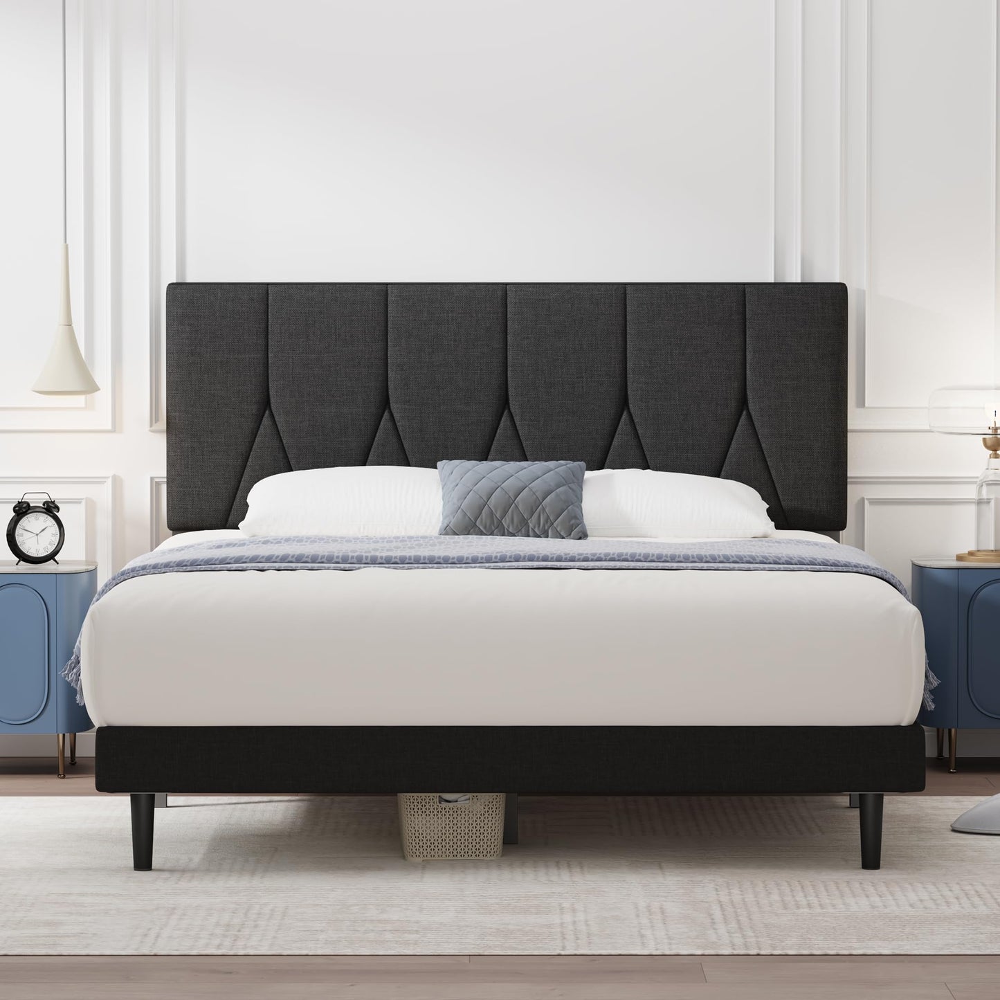Yocreat Double Bed Frame, Black, Upholstered Wooden Slat Bed Frame with Headboard, Easy Assembly, Underbed Storage, No Box Spring Needed 135?190