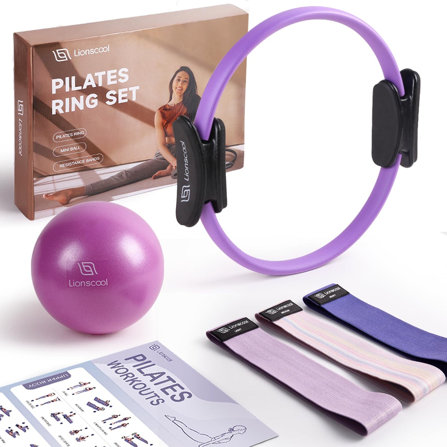 LIONSCOOL Pilates Ring Set - Premium14Magic Circle with Dual Padded Handles - Includes Pilates Mini Ball & Highly Elastic Resistance Bands & Workout