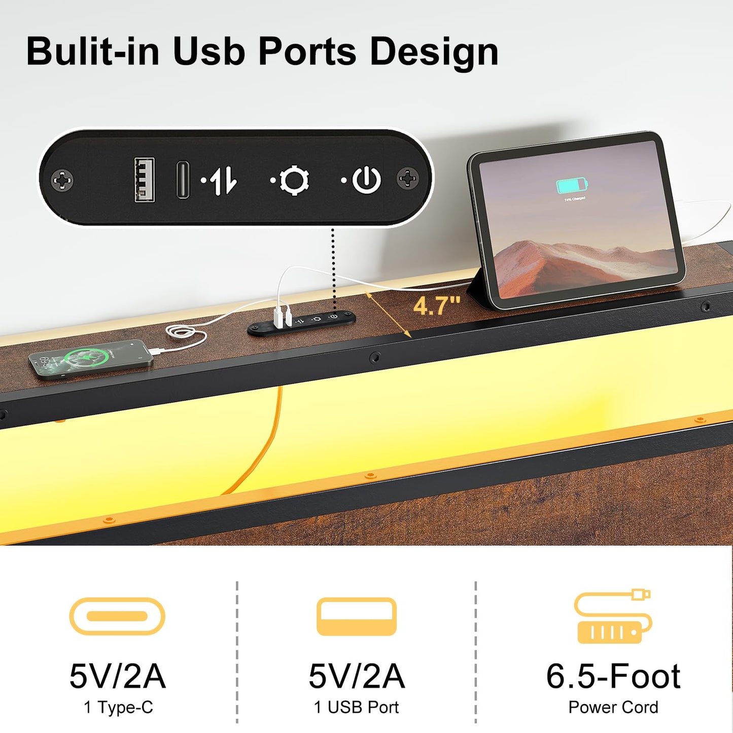 Mossora King Bed Frame with LED Headboard & Charging Station 150 * 200cm
