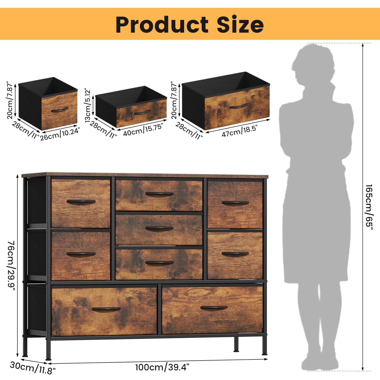 GoaHi Chest of Drawers, Large Dressers with Metal Frame and MDF Wooden Top Board, Adjustable Feet, Anti-Tip Safety