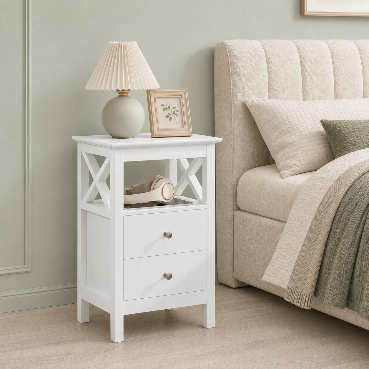 Yaheetech Bedside Table X-Frame with 2 Drawers and Shelf, White