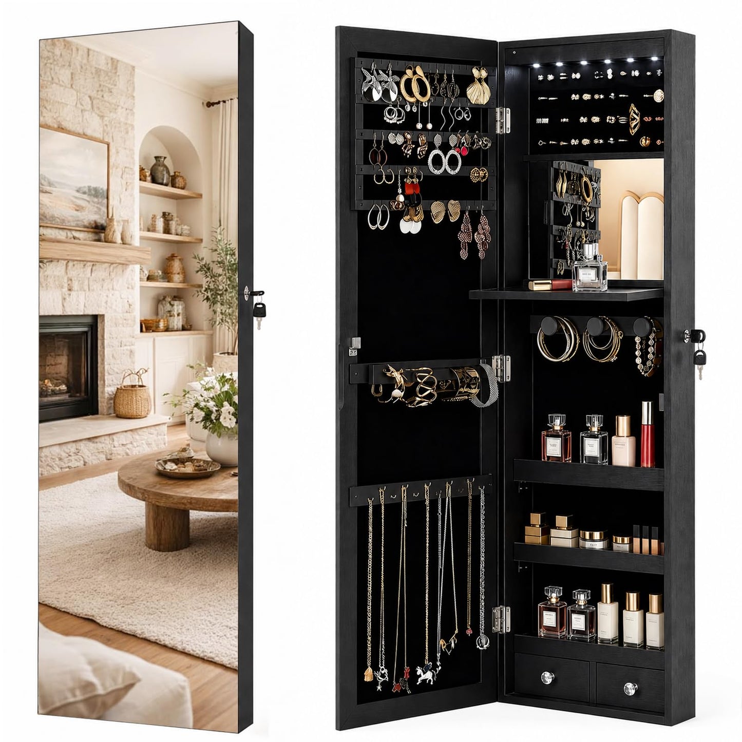 AnSafity Lockable Jewelry Cabinet Organizer with Full Length Mirror, 6 Auto LED Lights, Wall & Over Door Mount Jewelry Armoire with Earring Slots