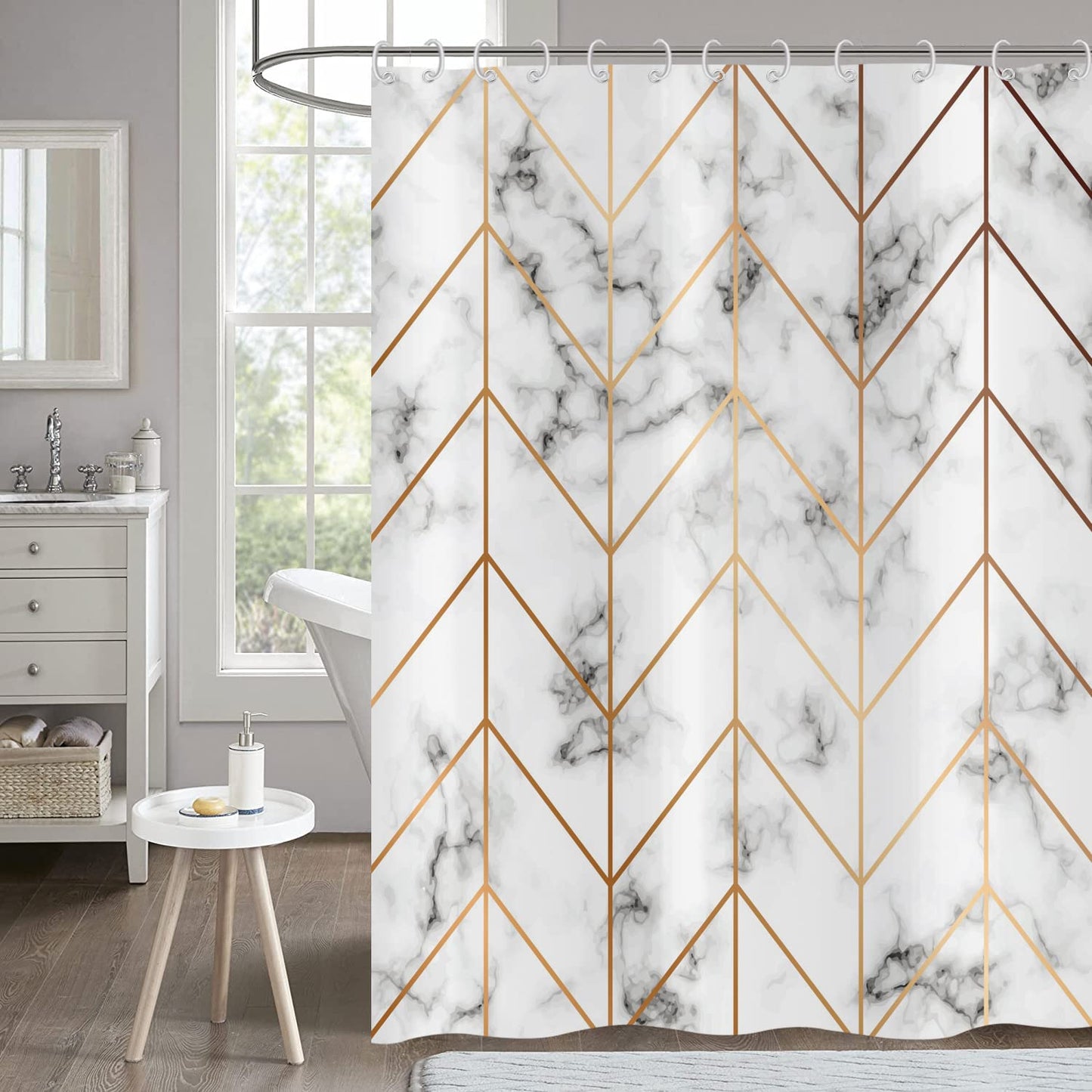Hnmdmyi Marble Shower Curtain 180x180, Grey and White Shower Curtains Gold Geometric Line Abstract Modern Luxury Art Bathroom Curtains Waterproof