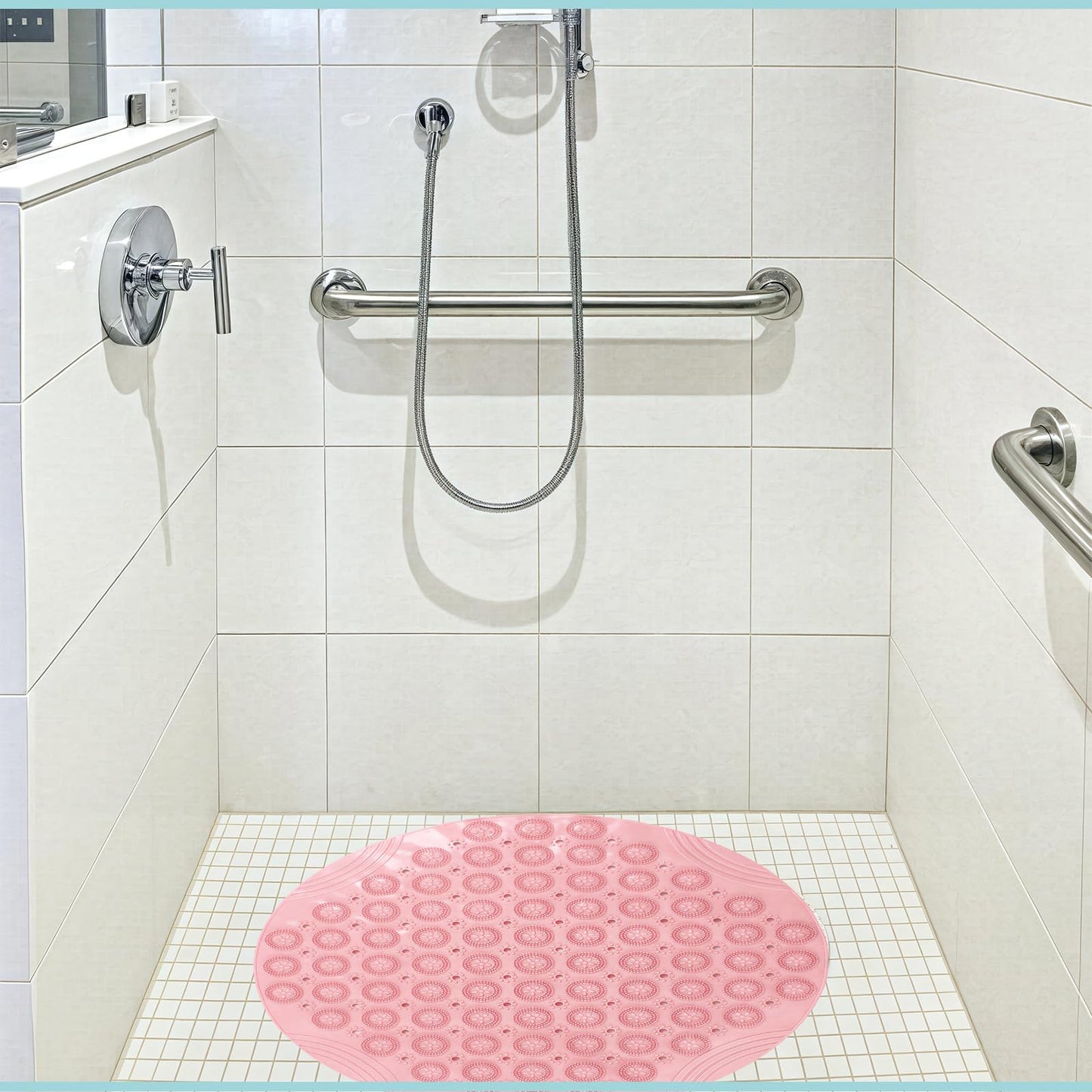 Shower Bath Mat 53x53cm,Extra Round Shower Mat Anti Mould Bath Mats Pink,Non Slip Bath Mat for Tub,Shower Mats with Suction Cups,Drain Holes,Machine
