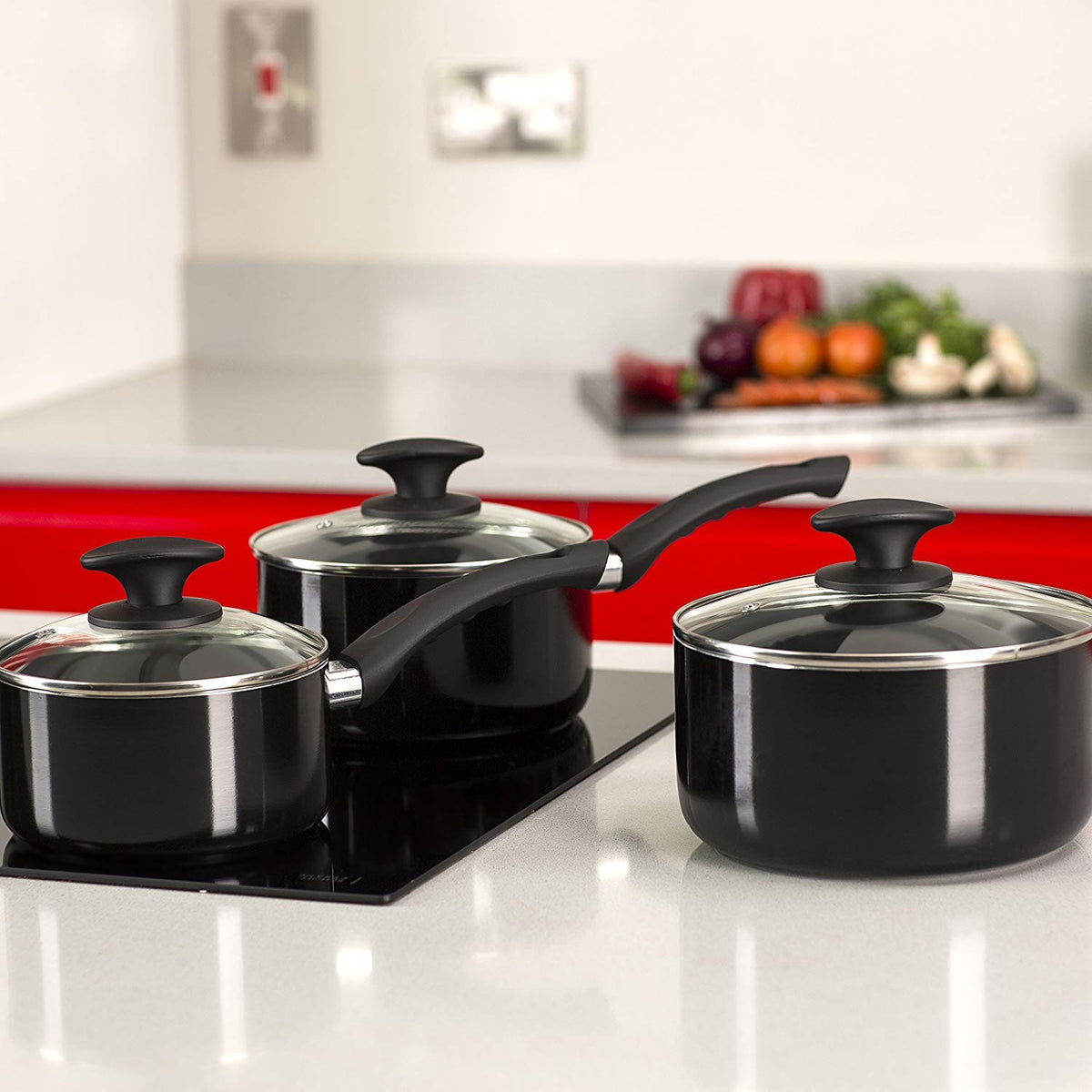 Tower T81507 Essentials Induction Pot Set, Non Stick Ceramic Coating, Easy to Clean, Dishwasher Safe, Black, 3 Piece, 16/18/20 cm