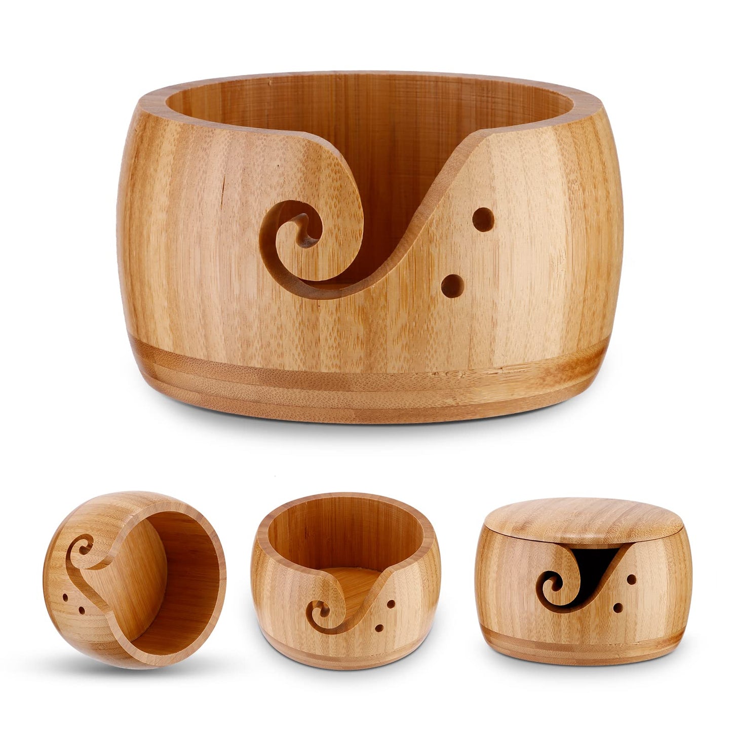 ALLOMN Wood Knitting Bowl, Knitting Bowl Holder Wool Storage Bowl Bamboo Knitting Bowl Wool Holder Organizer Wool Bowl Storage Accessories with Lid