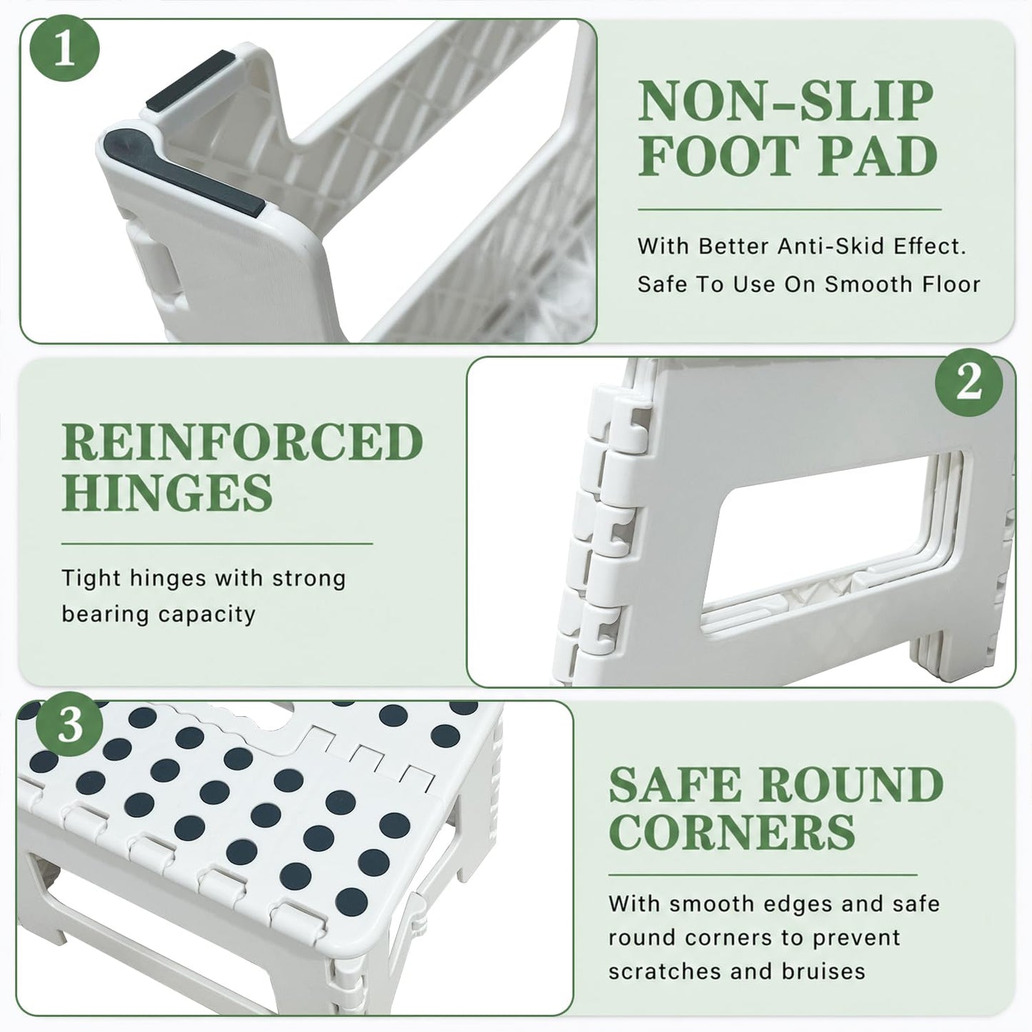 MASS DYNAMIC 9 Inch Folding Step Stool, Portable Plastic Footstool with Carry Handle, Non-Slip Top, Compact Collapsible Seat for Kitchen, Bathroom