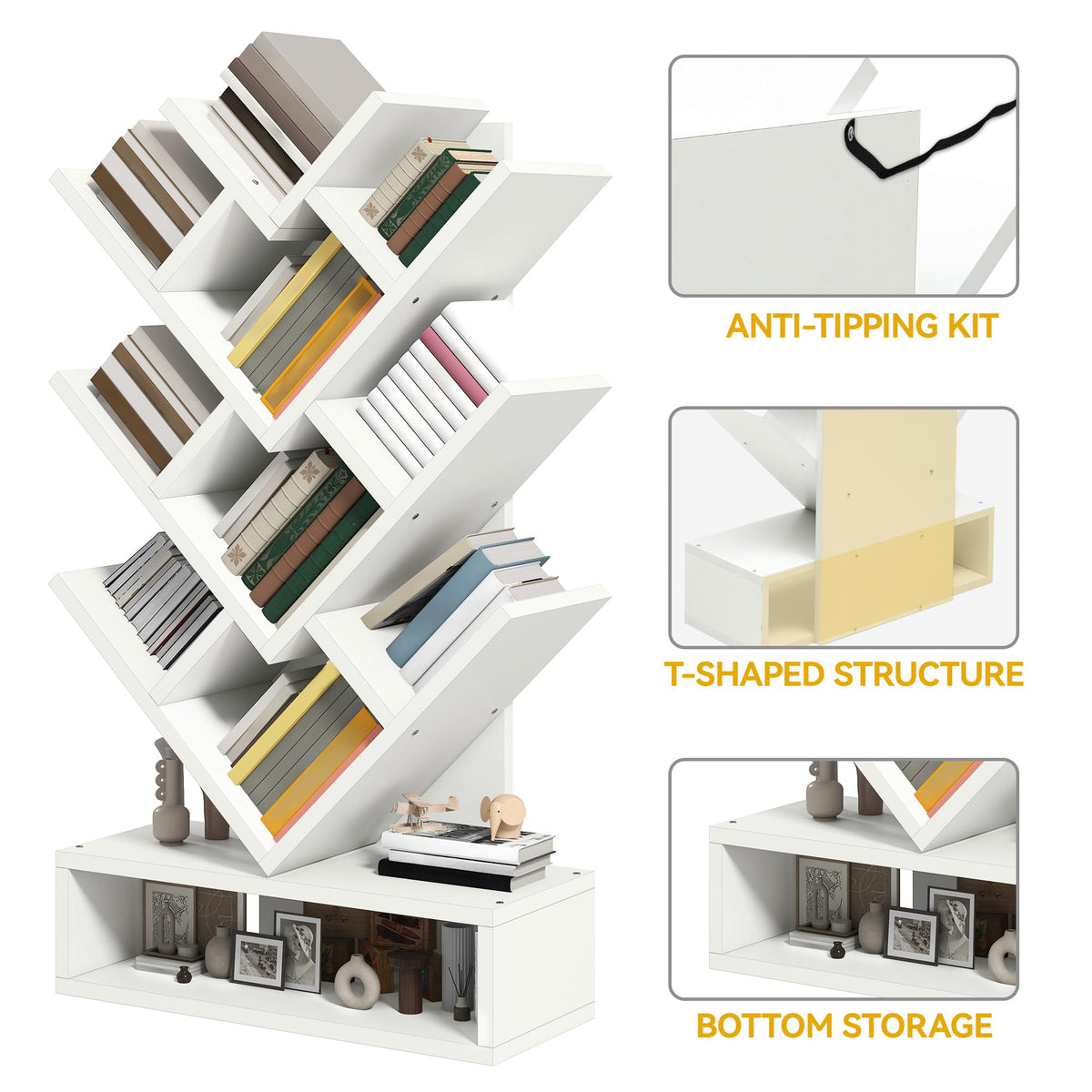 YITAHOME Tree Bookshelf, Wider Tree Bookcase, Modern Wood Book Shelf Industrial Freestanding Corner Shelf for Books/Movies/CDs