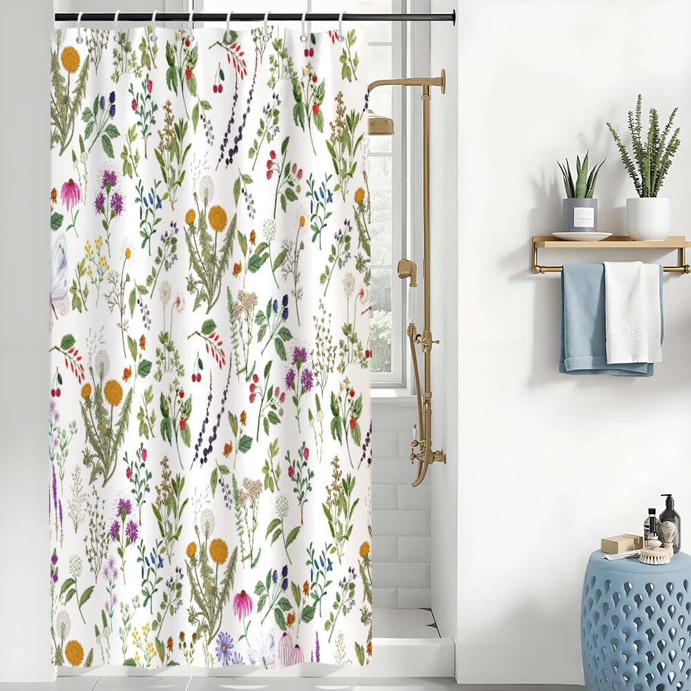 Uiiooazy Green Leaves Shower Curtain, Pink Yellow Flower Vintage Floral Bath Curtain Mildew and Mould Resistant Waterproof Polyester Fabric Opaque