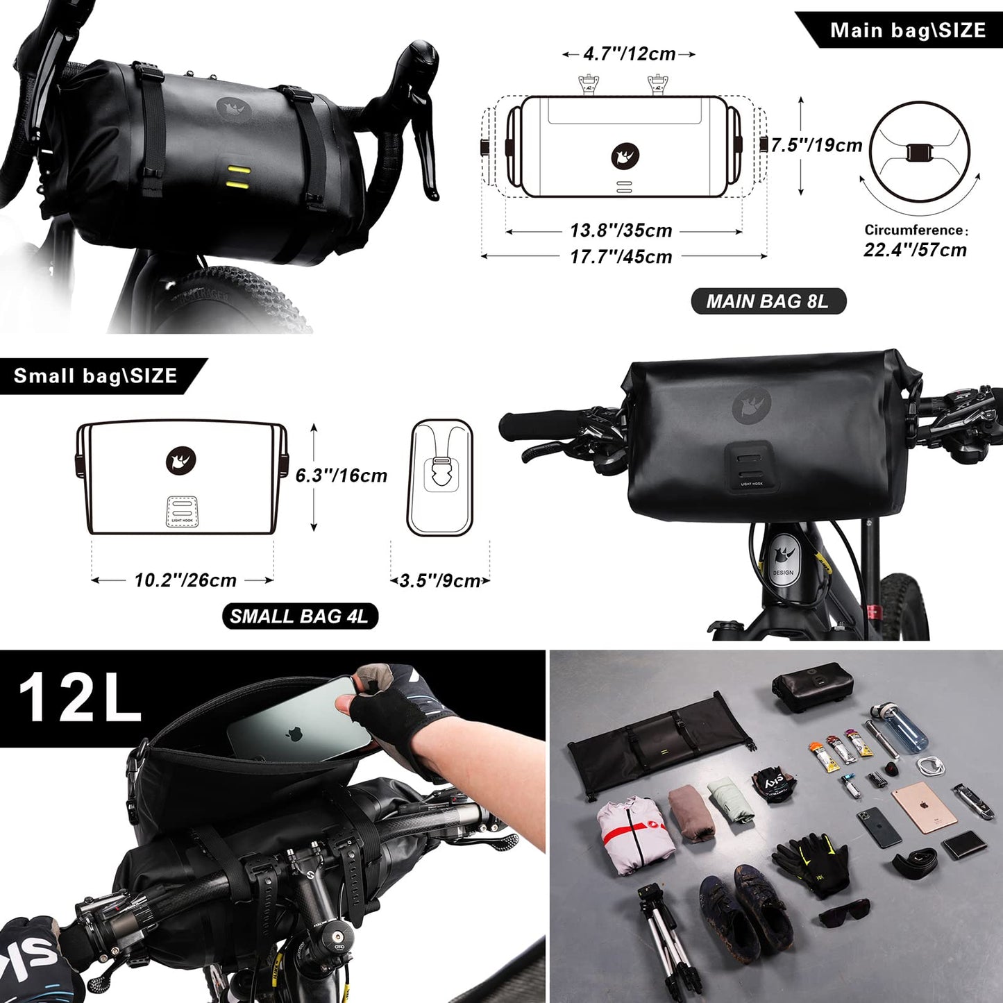 Rhinowalk 2PC Bike Handlebar Set - Waterproof Bicycle Front Tube Bag, Large Capacity Storage, Shoulder Bag