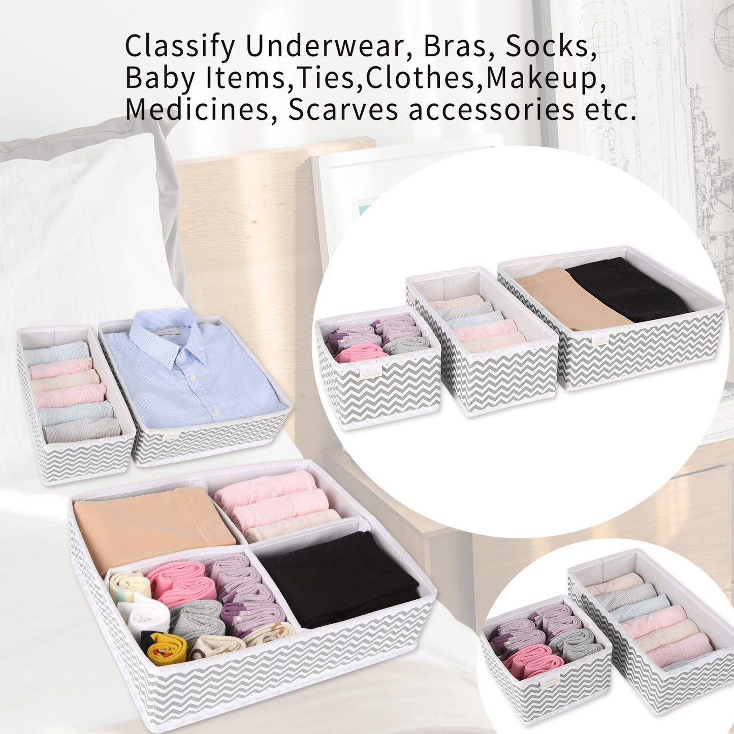 Unique Impression Set of 7 Drawer Organisers For Underwear, Socks, Clothes, Shirts, Bras, Ties, Scarves, Baby Clothes - Drawer Dividers For Wardrobes