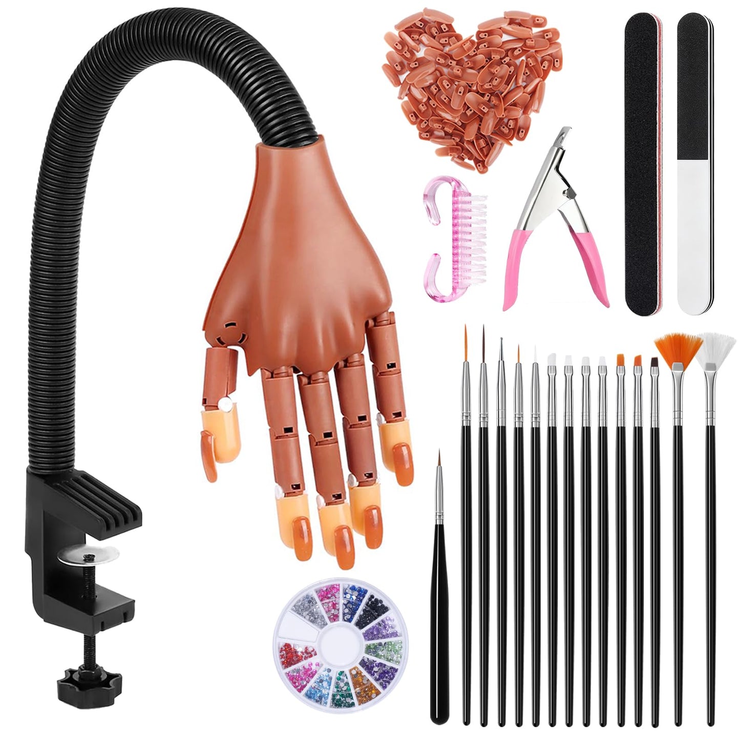 Deciniee Practice Hand for Acrylic Nails - Flexible Training Hand with 100 PCS Nail Tips/15 PCS Nail Art Brushes Set/Nail File - Professional Nail Art