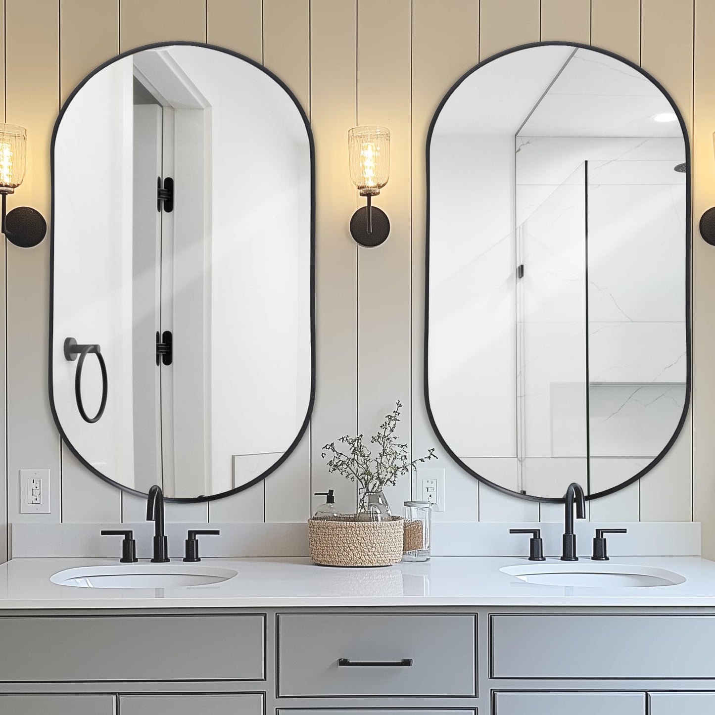 LunaMirror Wall Mirror Oval 60x90 CM Wall-Mounted Bathroom Vanity Mirror Stylish Black Mirror Wall Decor Rectangle Wall Hanging Mirror with Curved