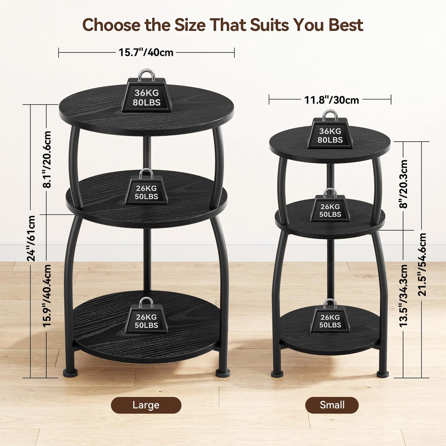 Yuede 3 Tier Side Table, Round Coffee Table, End Table with Storage Shelf, Bedside Table, for Living Room, Bedroom, Metal Frame, 40 x 61 cm, Black