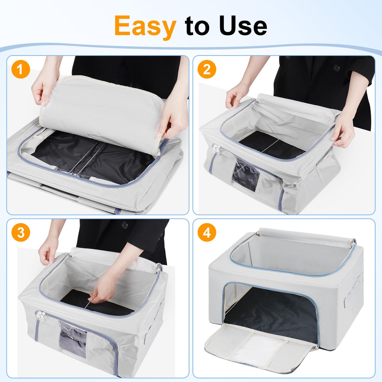 Hejo 3 Pack 24L Clothes Storage Boxes with Steel Frame,Foldable Storage Box