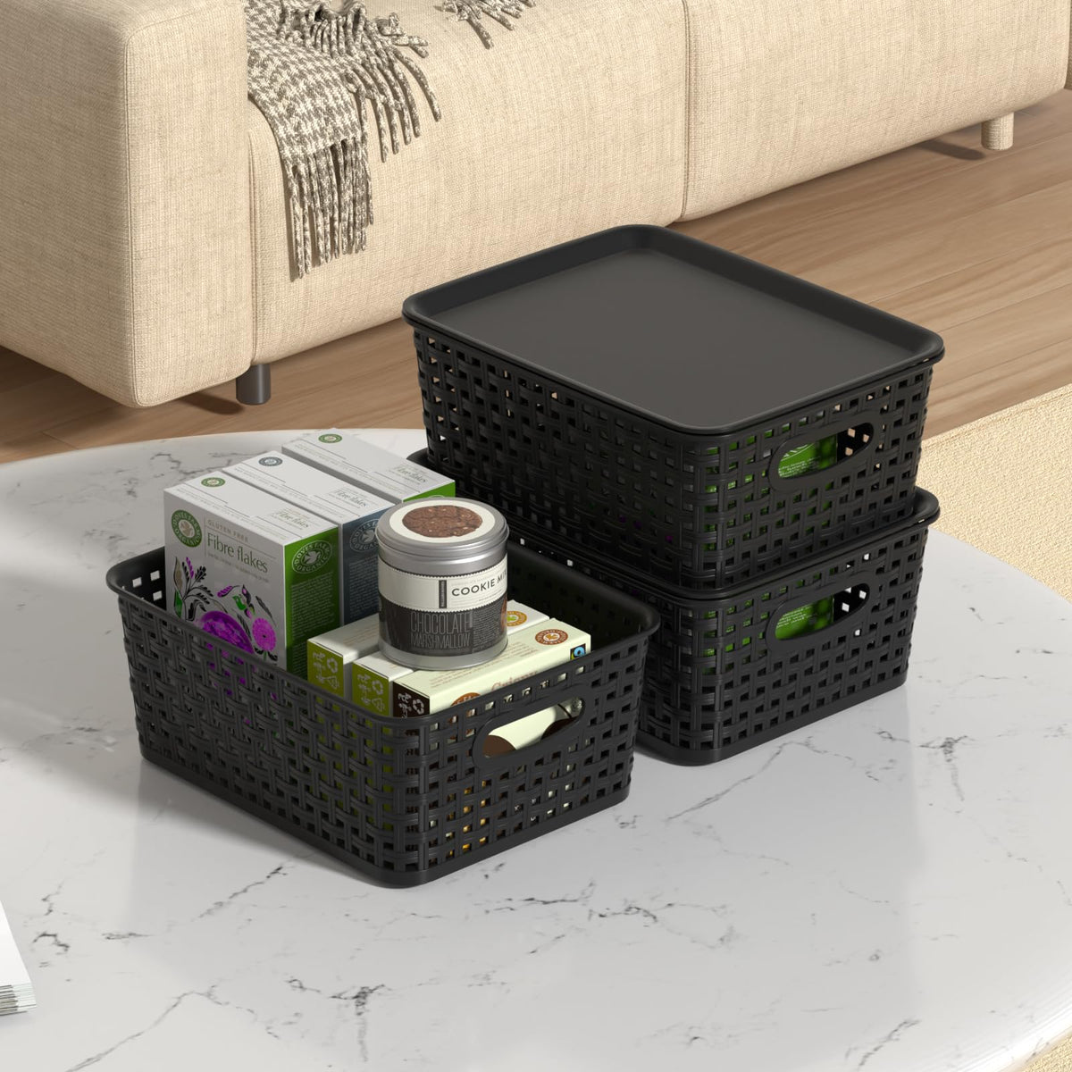 Wakikini Woven Plastic Storage Baskets with Lids, Small Weave Bins, Black