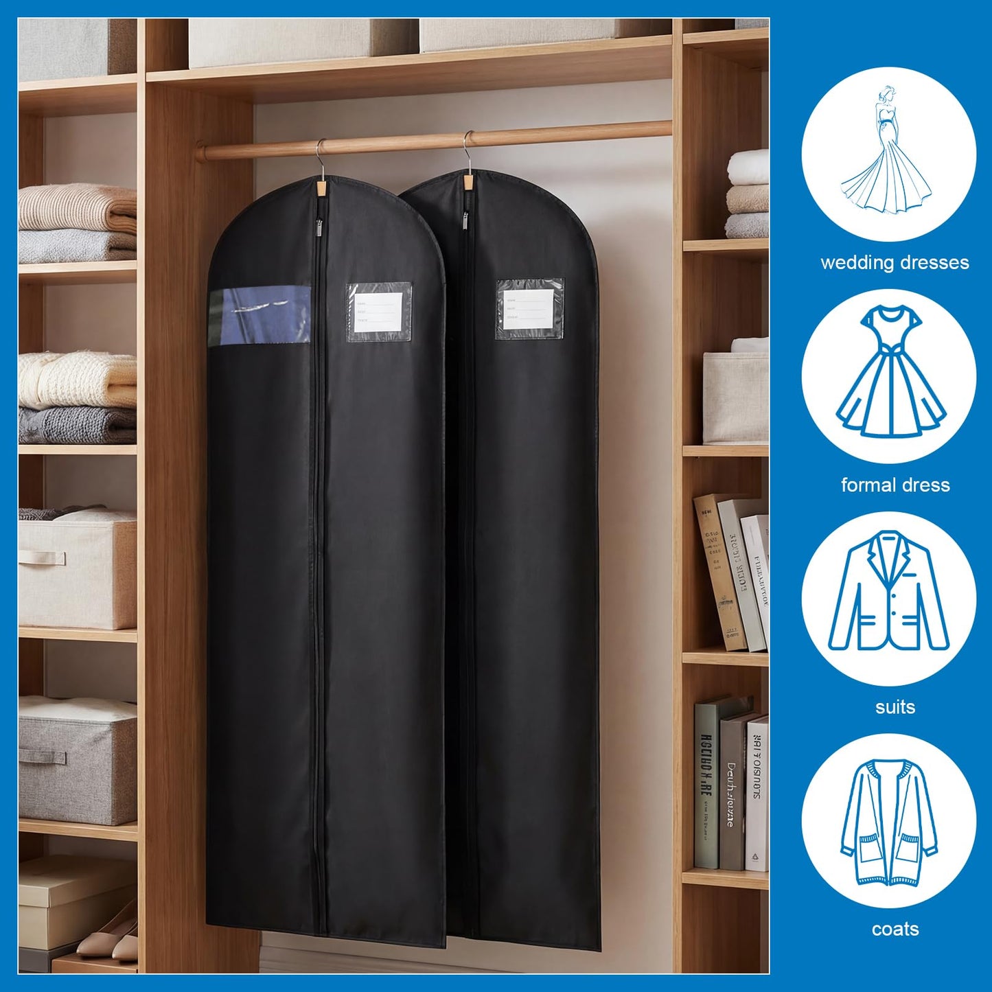 Dntorx 2PCS Long Dress Bags Covers PEVA Wedding Dress Bags 71in, Black