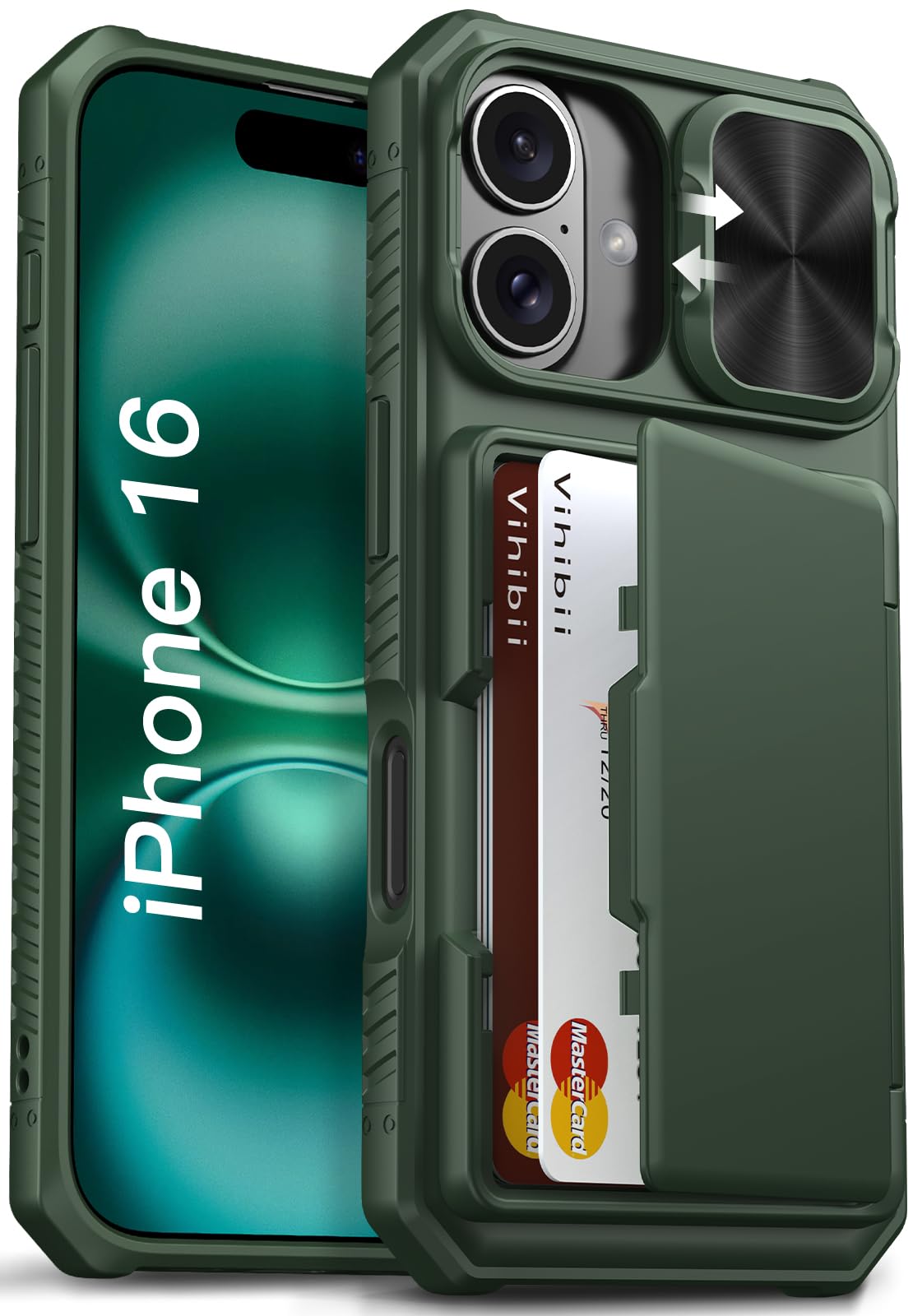 Vihibii for iPhone 16 Case with Card Holder (4 Cards) [RFID Blocking] & Slide Camera Cover, Military Grade Drop Protection, Rugged Hard Back &