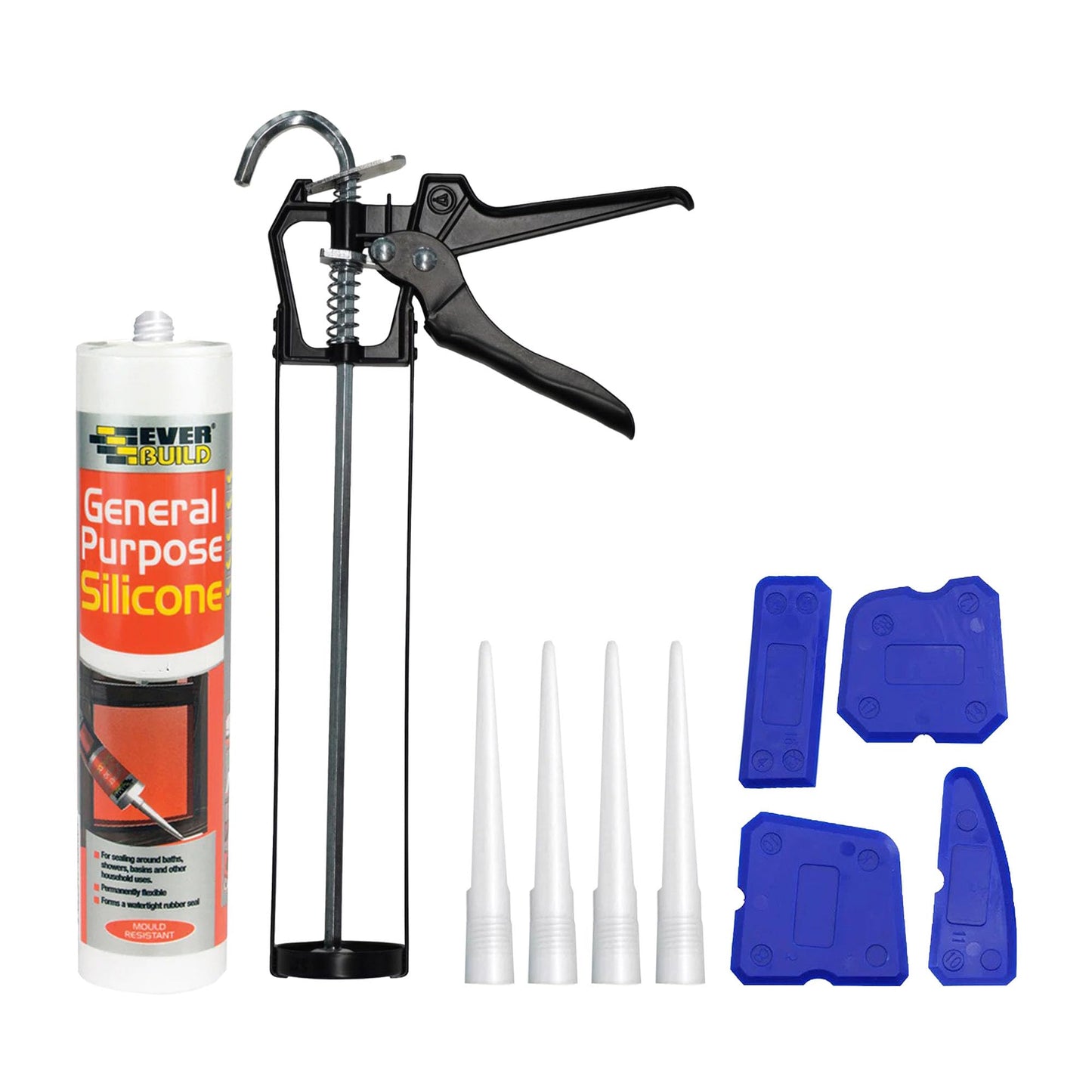 White Silicone Sealant Set - Everbuild General Purpose Anti Mould Waterproof Sealant, 11" Inch Black Caulking Gun, 4 Nozzles, 4 Piece Finishing
