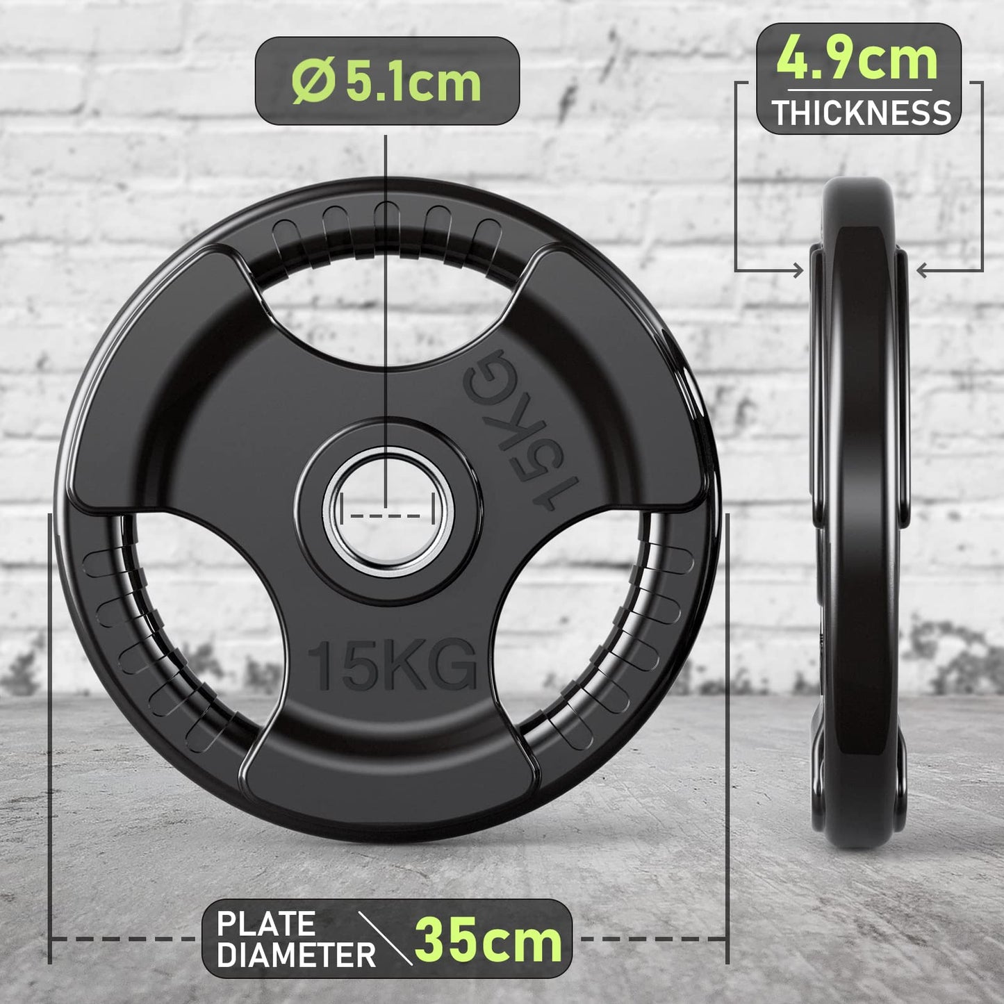 PhysKcal Olympic Weight Plates 1 x 15kg with Rubber Finish 2?? Opening and Tri-Grips, Black Barbell Plates Discs for Lifting and Strength Training,