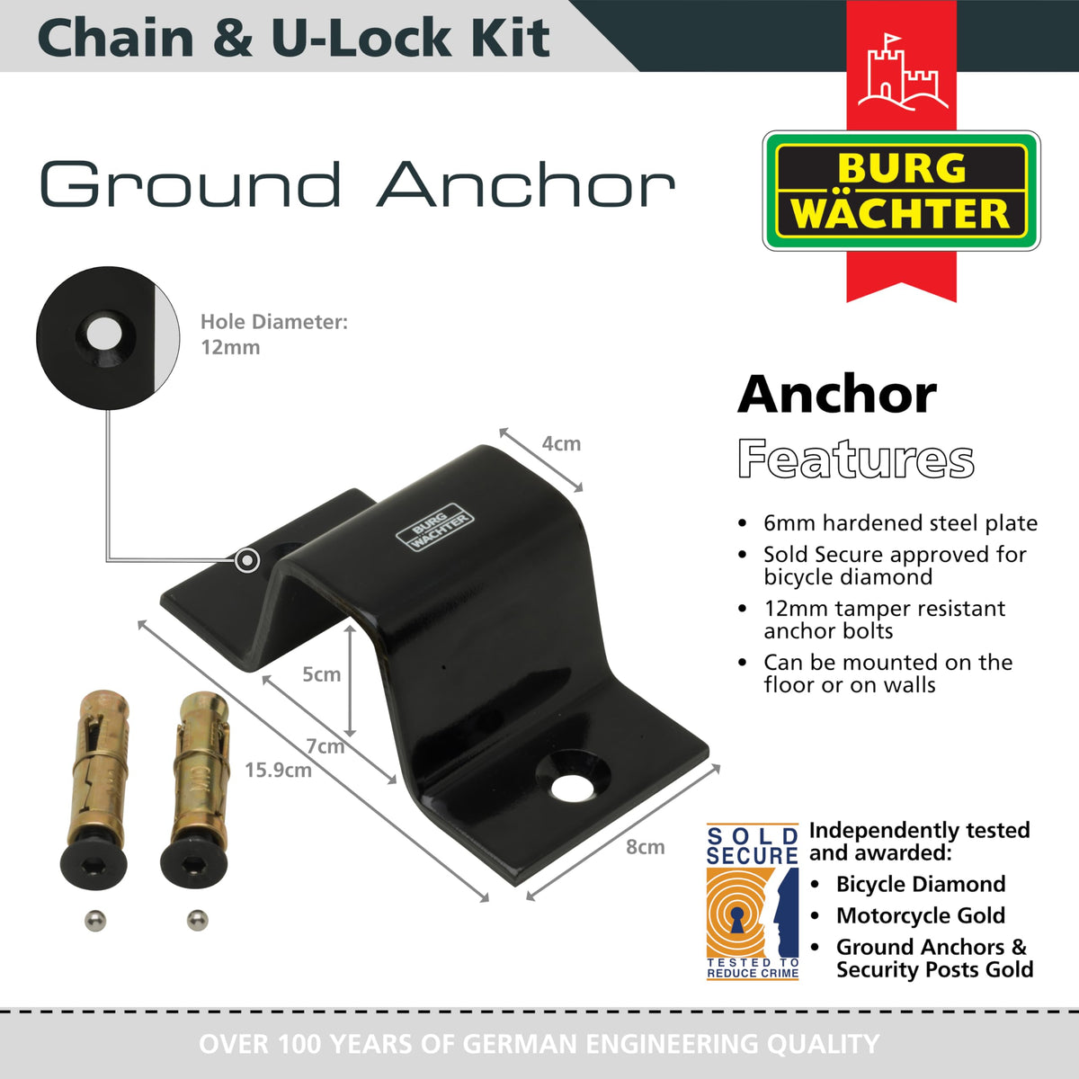 Burg-W?chter GKM10mm Duo Kit Sold Secure Diamond & Gold 10mm Keyed Alike Twin Pack, Black, 1M Chain, Lock & Ground Anchor