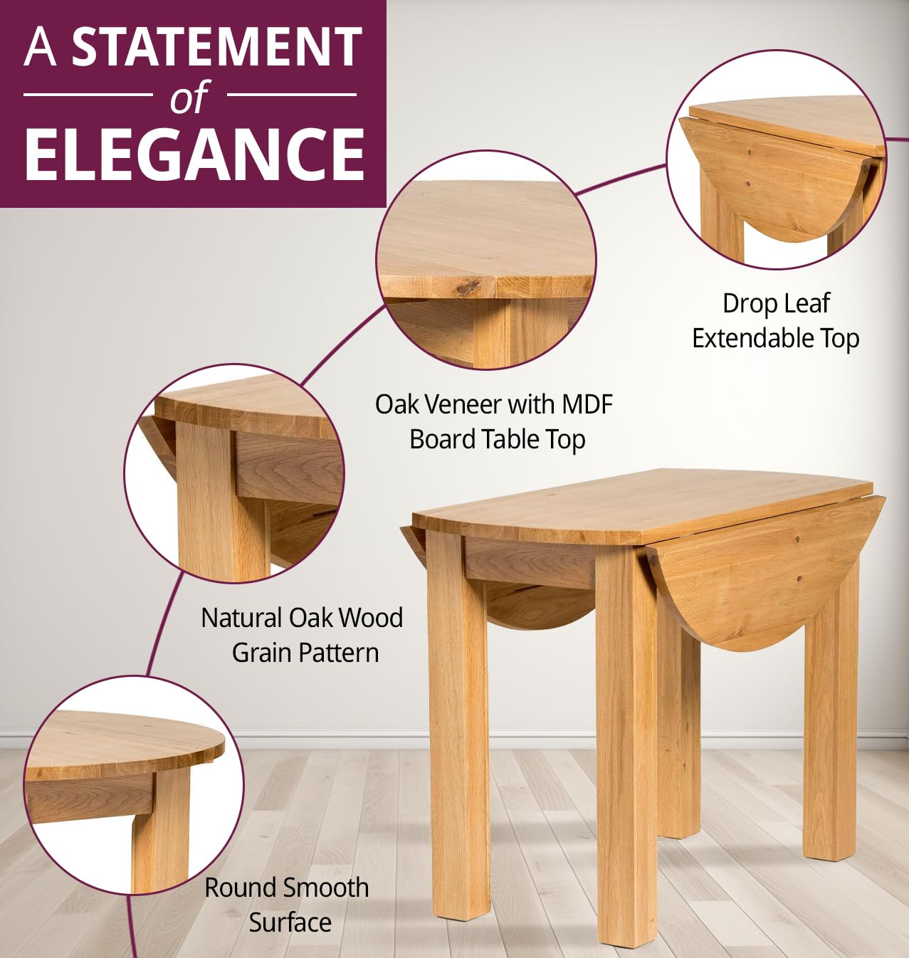 Hallowood Furniture Waverly Oak Round Folding Dining Table and Chairs Set 4