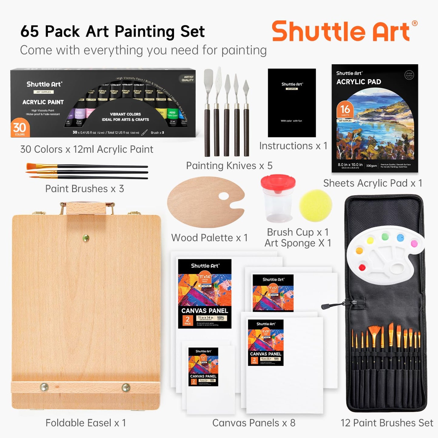 Shuttle Art 65 Pack Acrylic Paint Set with Wooden Table Top Easel Box, Mixed Media Artist Art Set with 30 Colours Acrylic Paints, Blank Canvas,