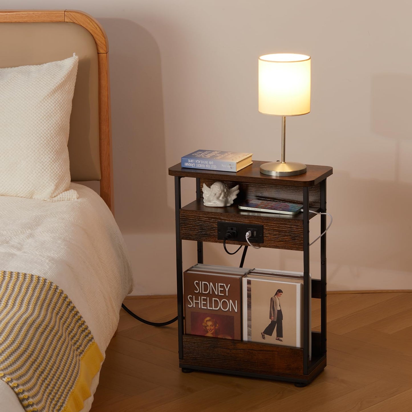 Rustic Brown Narrow Side Table with Charging Station - 3-Tier End Table with 2 USB Ports & Power Outlets, Perfect for Small Spaces