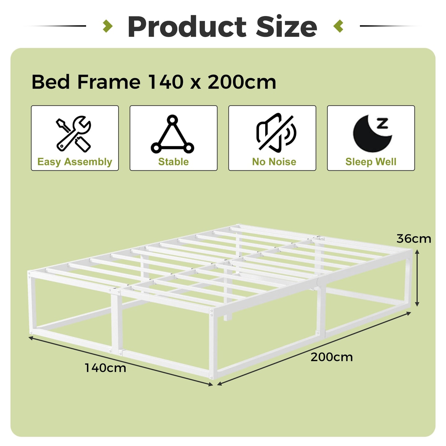 EMODA Metal Bed Frame 140 x 200cm with Steel Slats Support, White