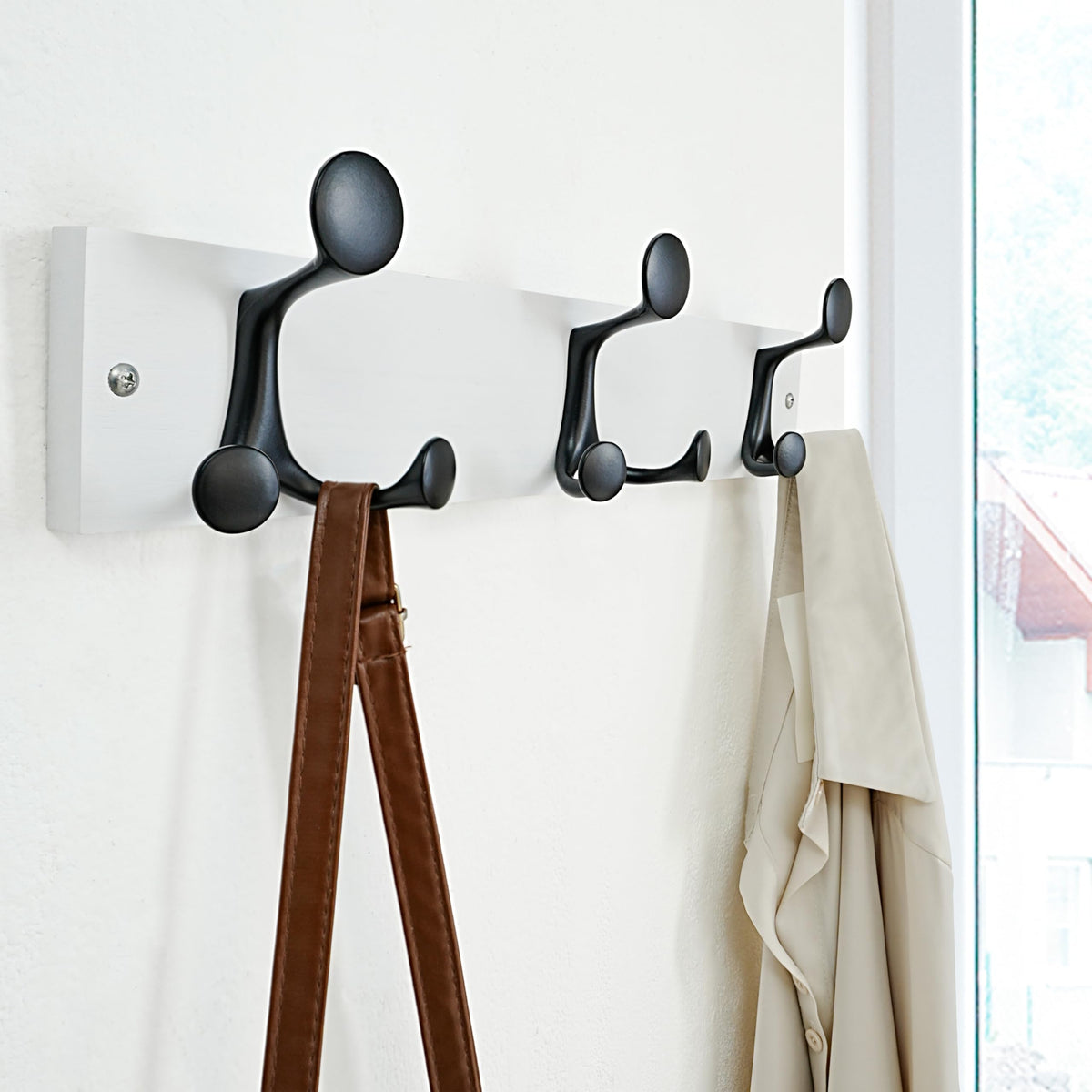 SKOLOO 43cm White Wood Coat Rack Wall Mount with 3 Triple Hooks - Ideal for Family Entrances, Classrooms, and Pet Supplies Storage